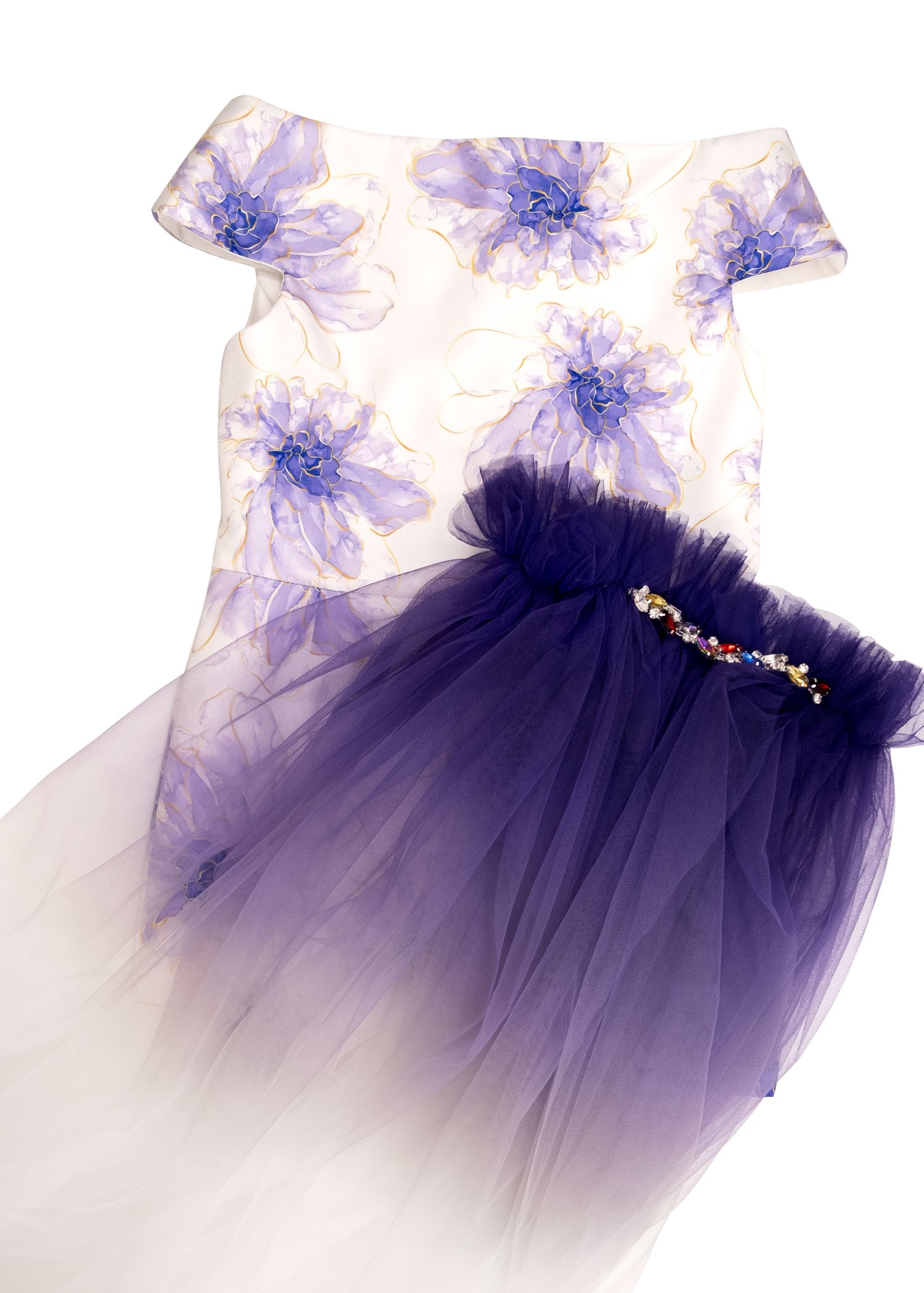 Purple Girls' Evening Dress with Floral False Tulle Skirt