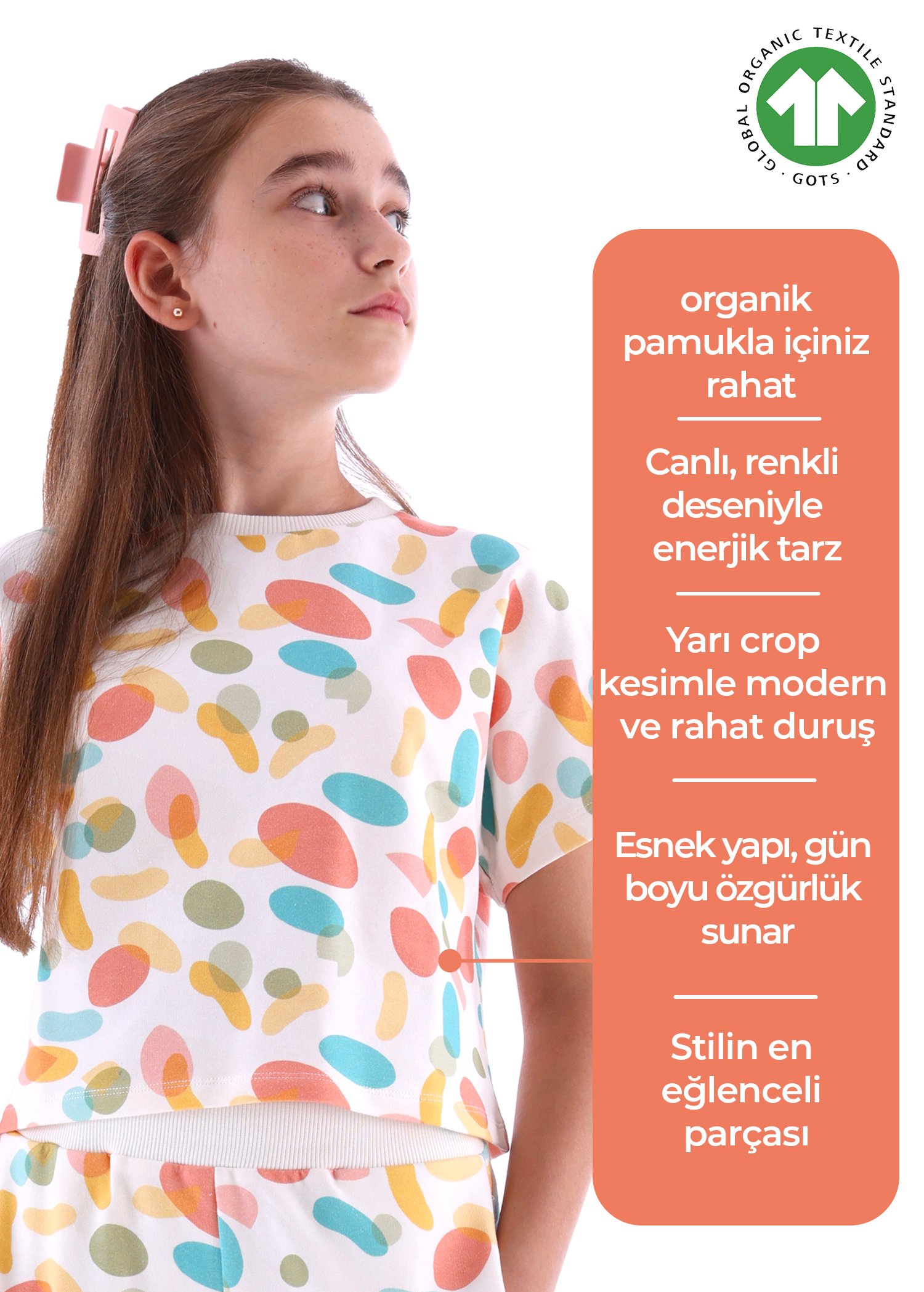 Organik Renkli Yarı Crop Yazlık Kız Çocuk Tshirt