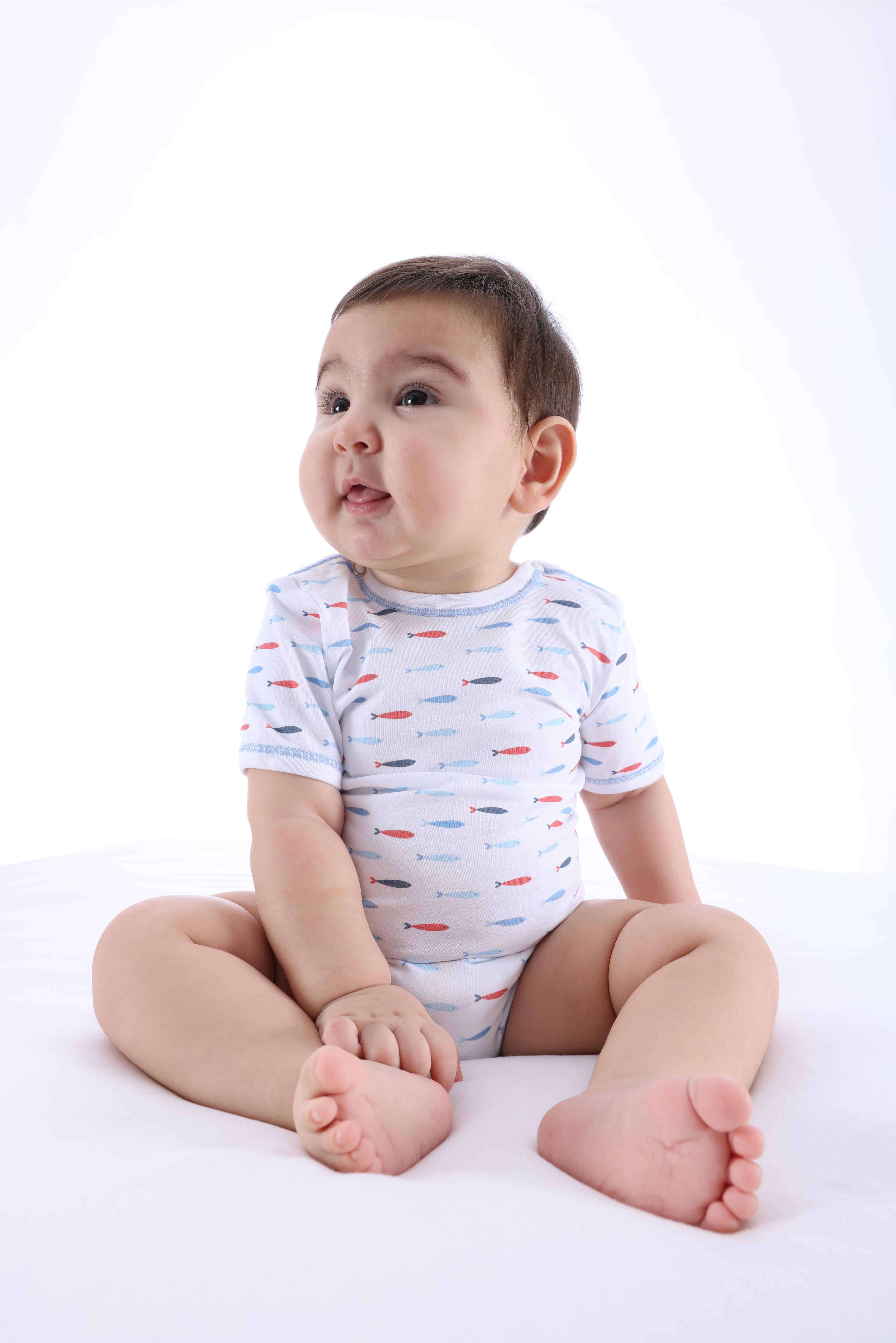 Organik Balık Desenli Kısa Kollu Erkek Bebek Body