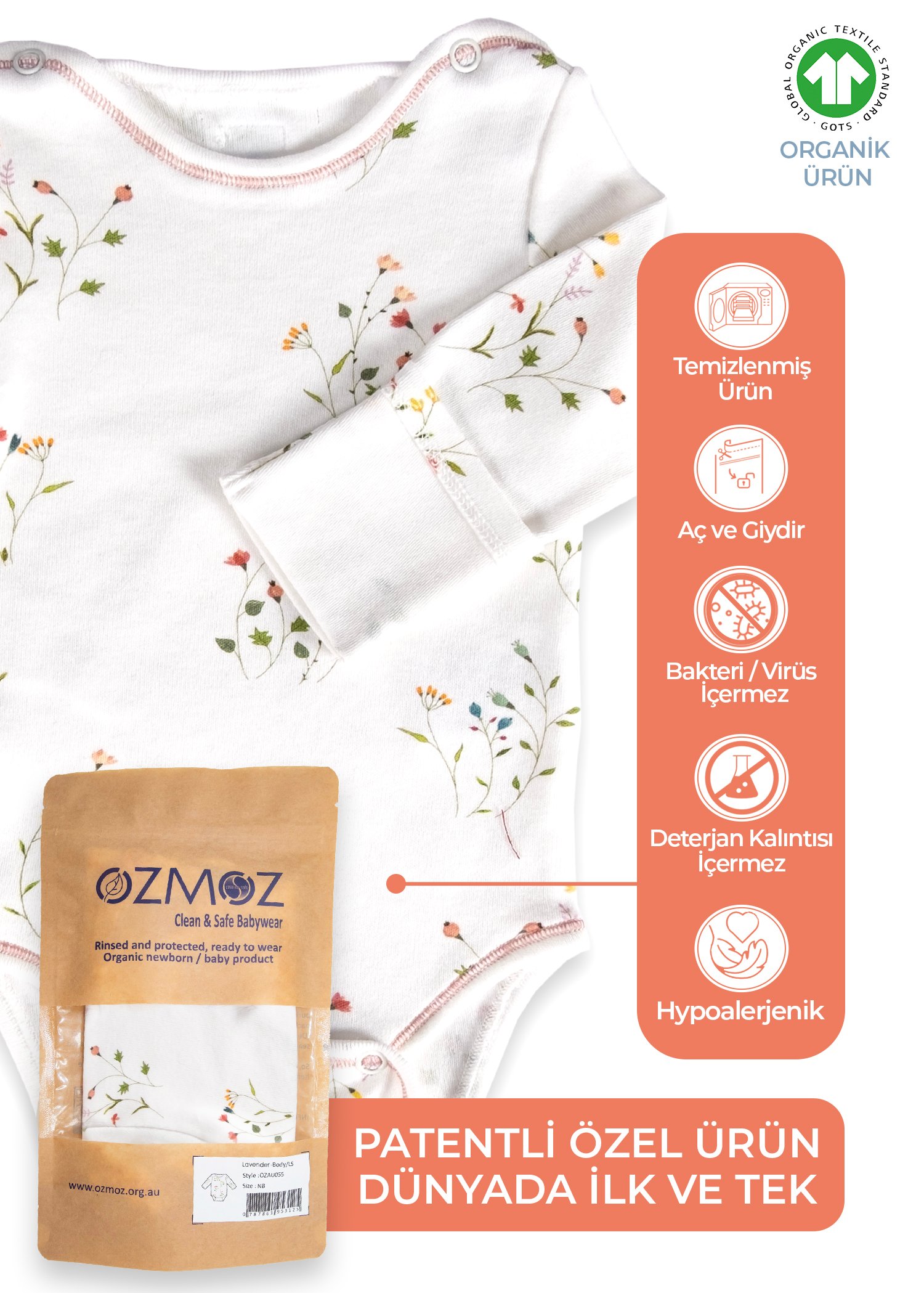 Clean&Safe Organik Steril Temizlenmiş Organik Kız Bebek Body