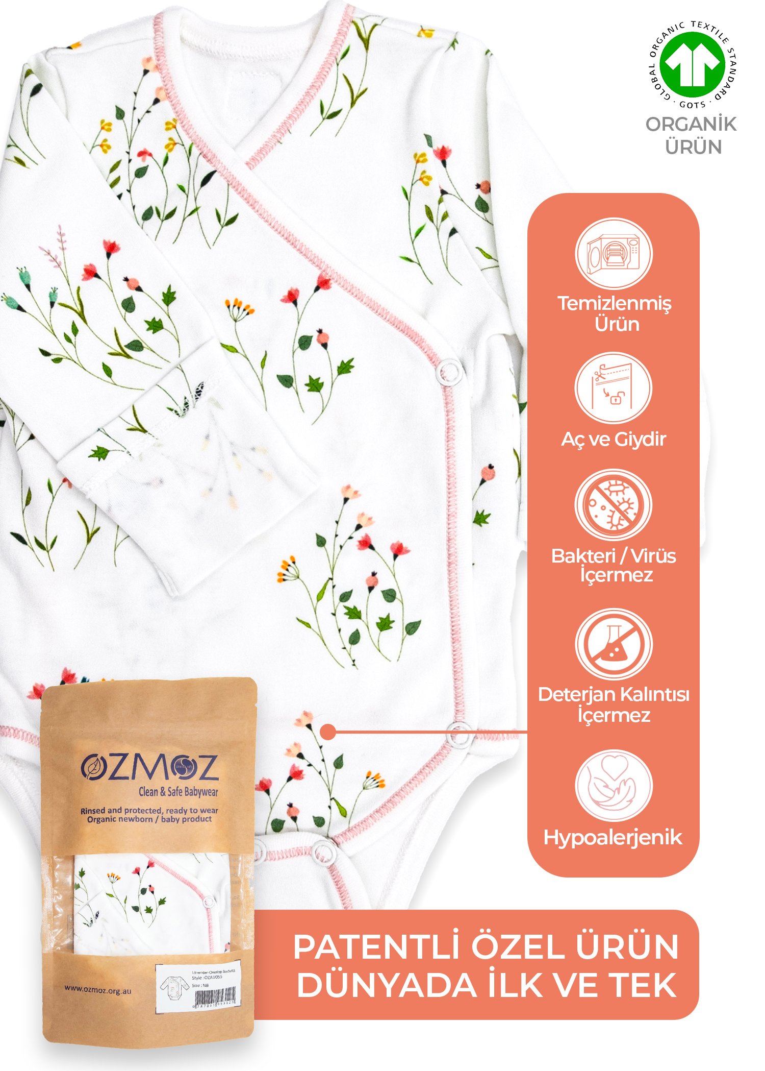 Clean&Safe Organik Steril Temizlenmiş Kız Bebek Kruvaze Body