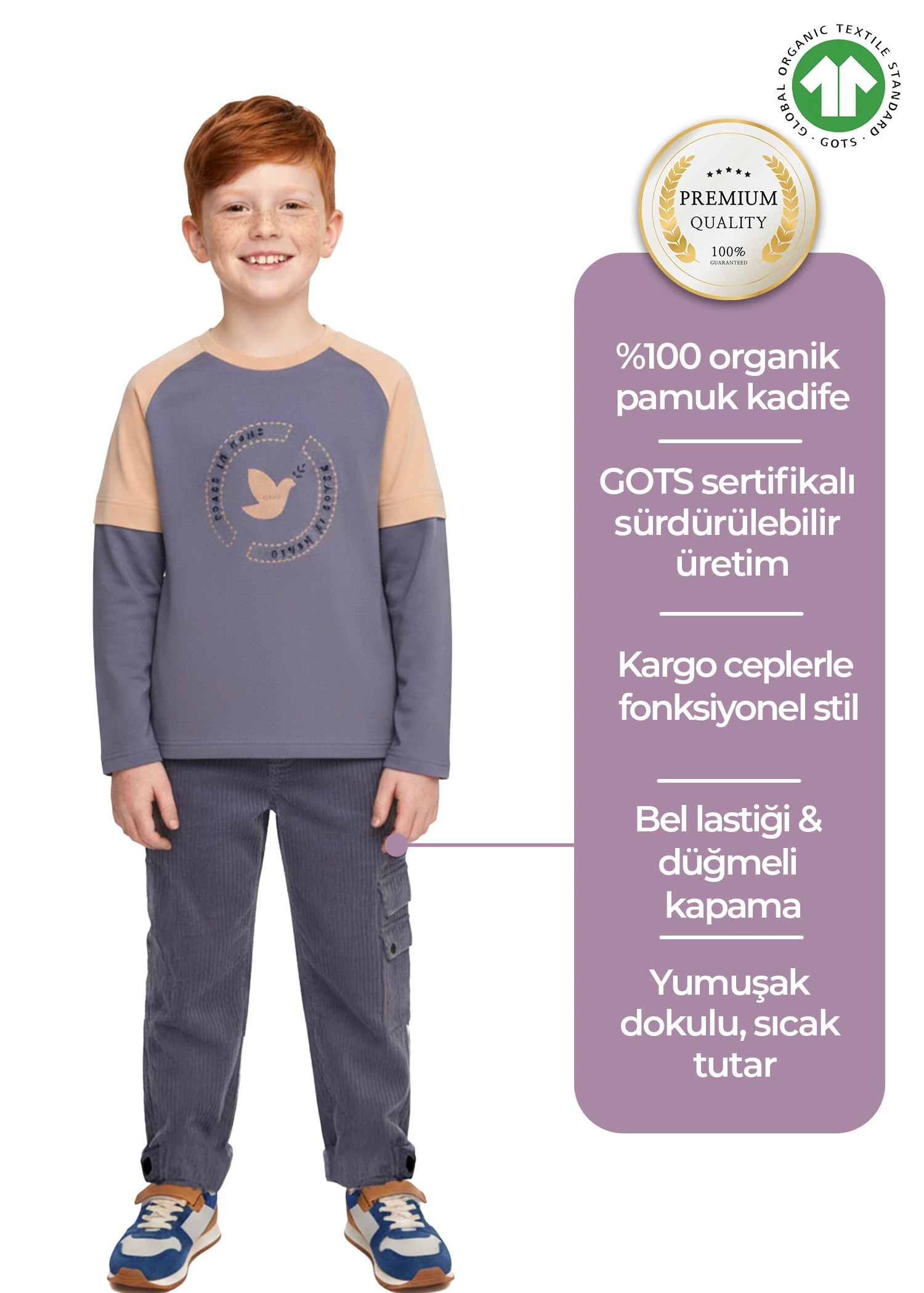 Organik Kadife Kargo Cepli Kışlık Erkek Çocuk Pantolon