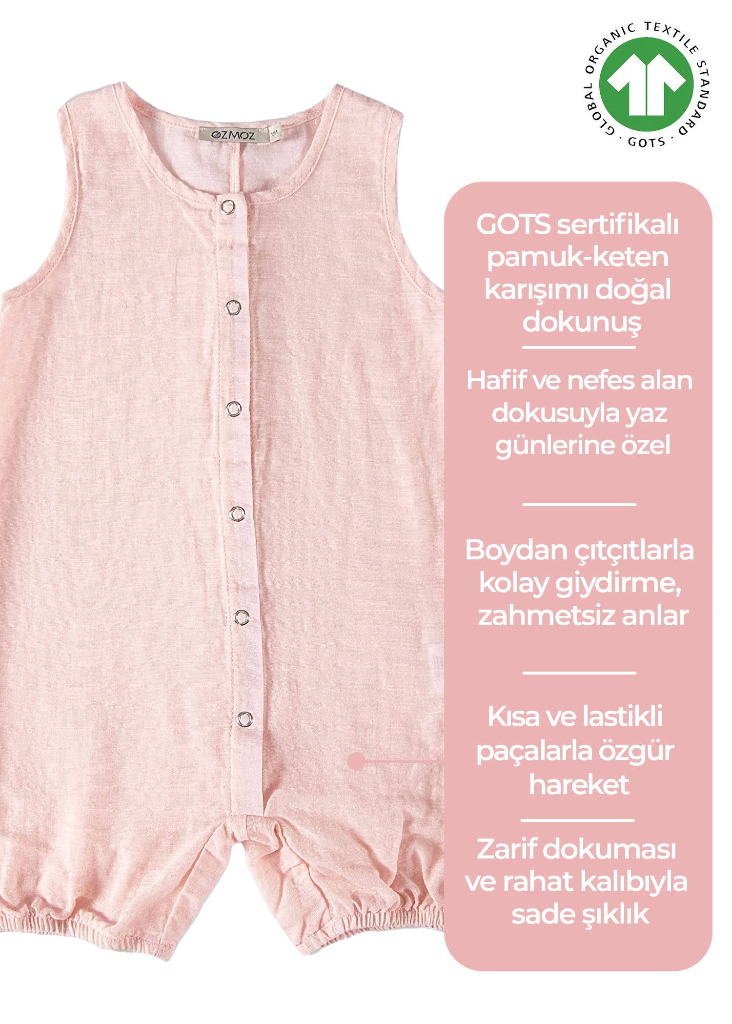 Organik Kolsuz İnce Dokuma Pembe Kız Bebek Şort Tulum
