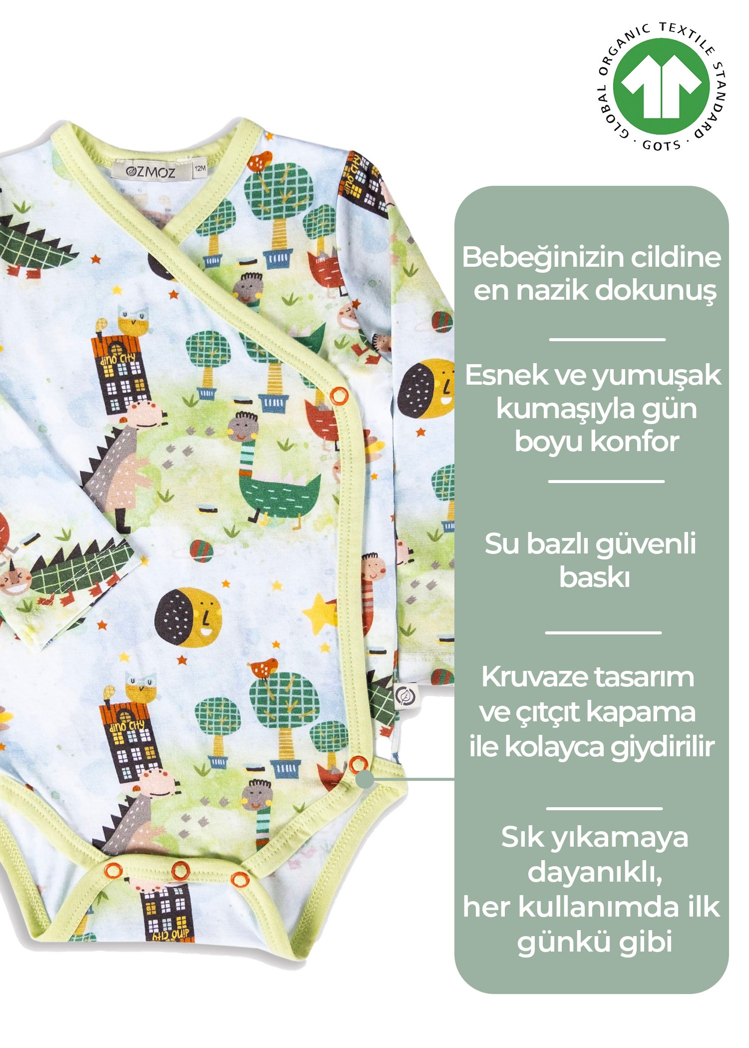 Organik Kruvaze Uzun Kollu Dino Baskılı Unisex Bebek Body
