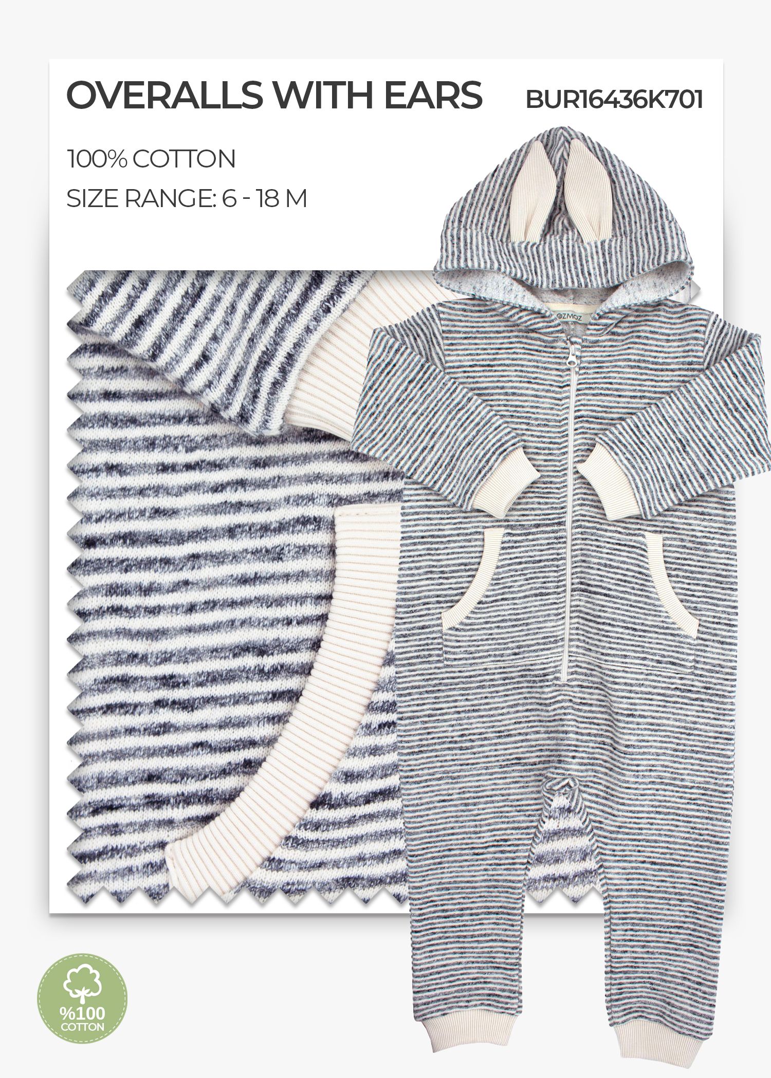 100% Cotton Ear Detailed Hooded Grey Winter Unisex Baby Jumpsuit