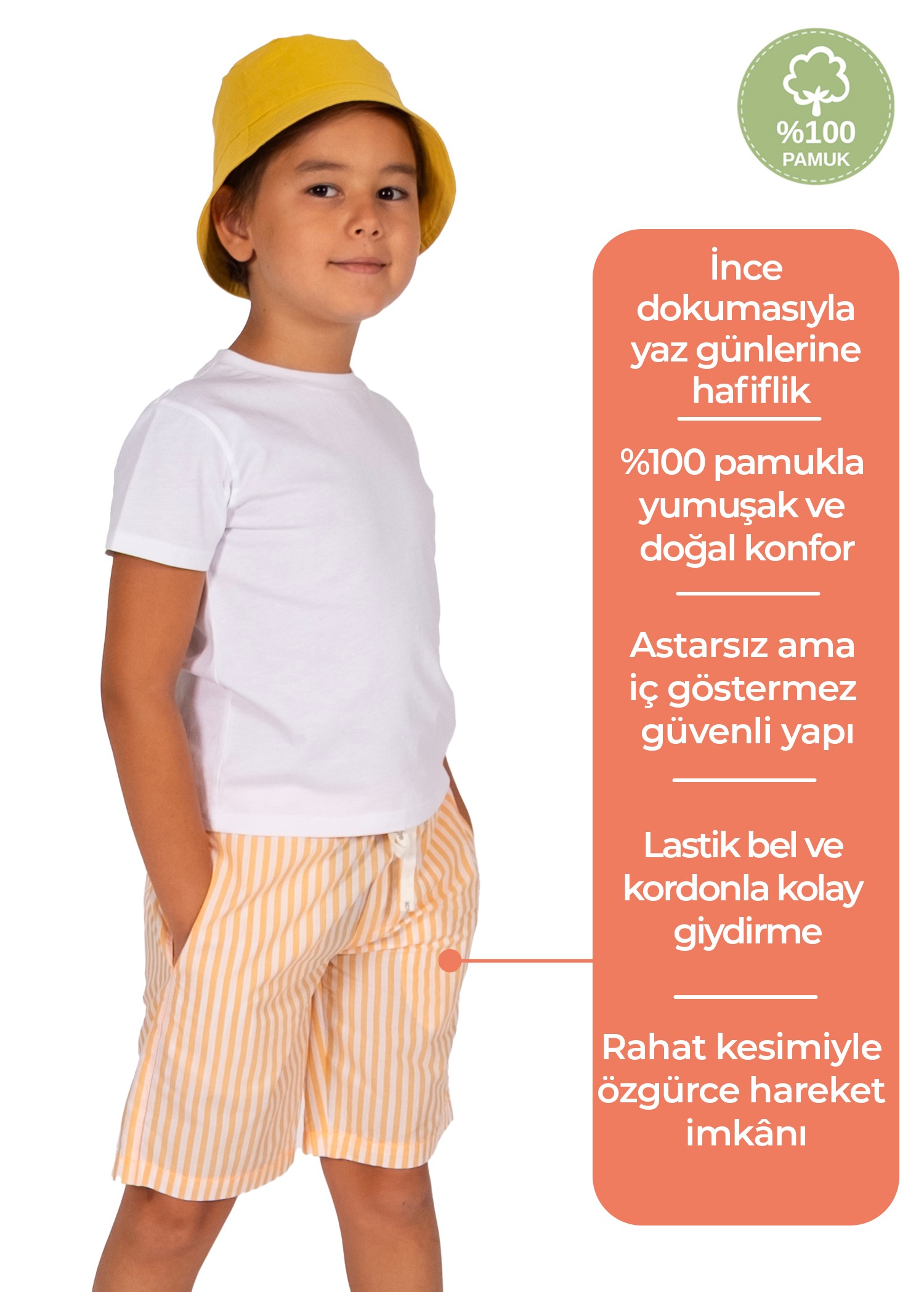 %100 Pamuk Çizgili Turuncu Yazlık Erkek Çocuk Şort