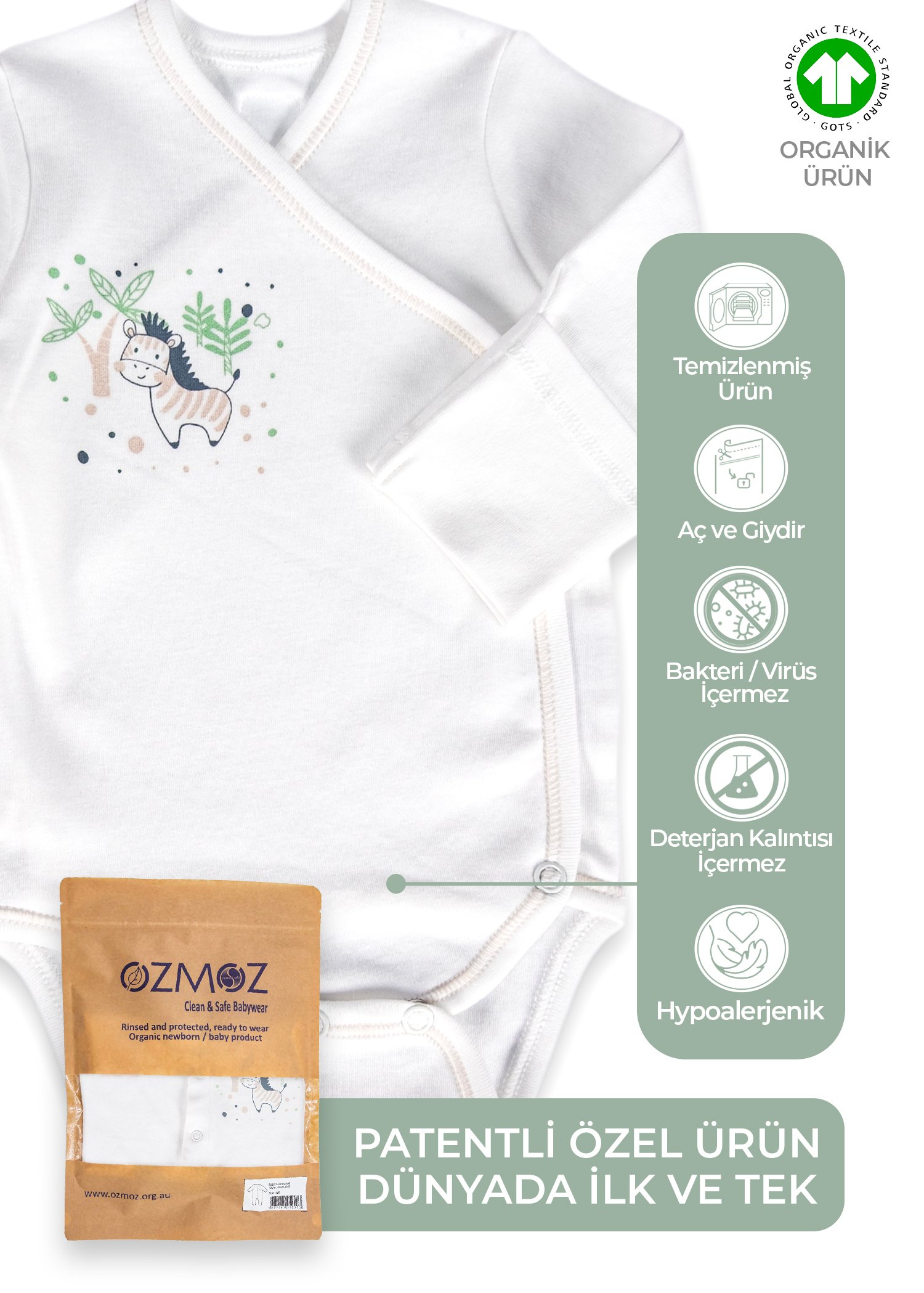 Clean&Safe Organik Steril Temizlenmiş Unisex Bebek Kruvaze Body