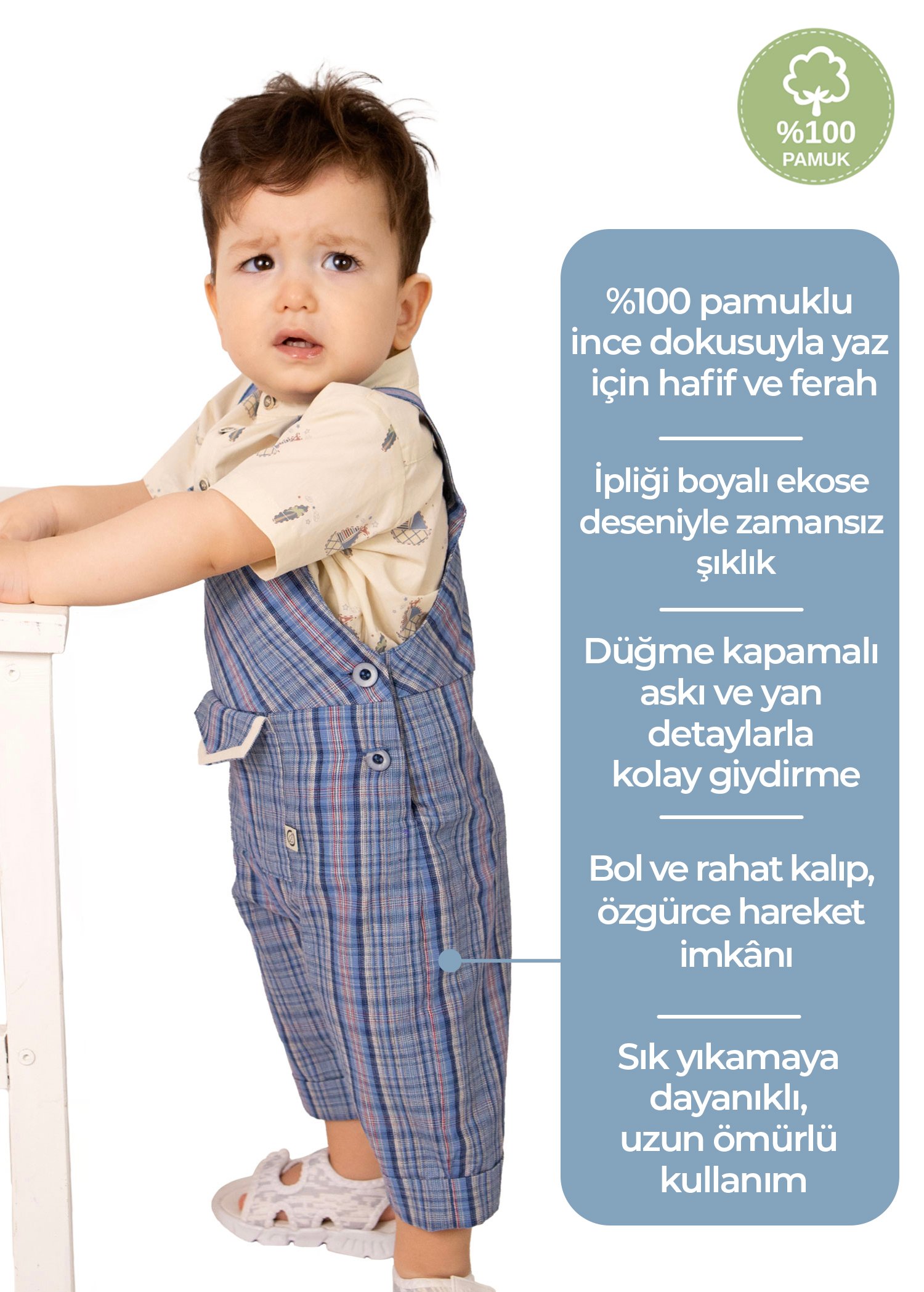 %100 Pamuk Mavi Ekose Askılı Yazlık Erkek Bebek Tulum