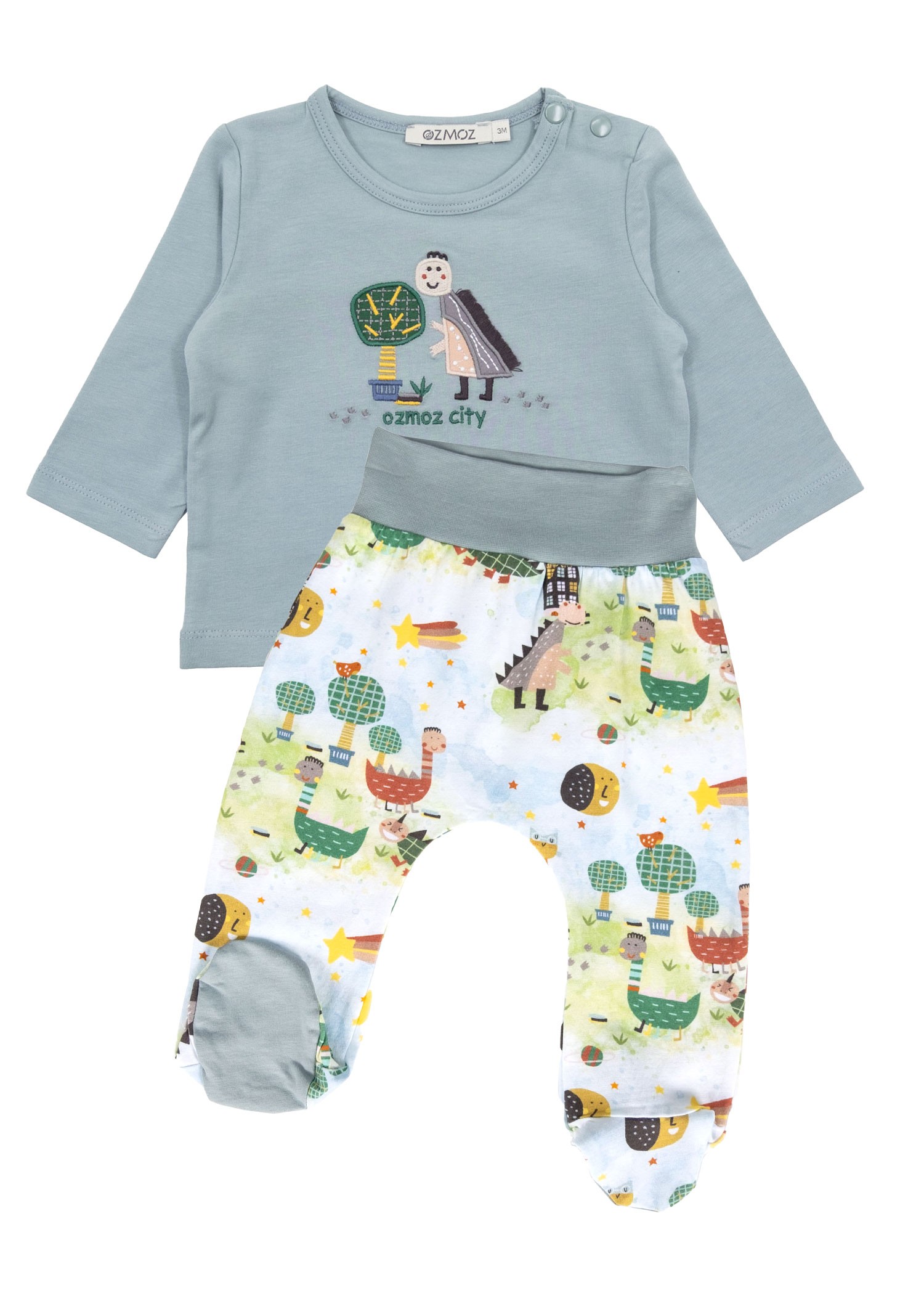 Organic Dino Embroidered Blue Spring Baby Boy Set with Booties