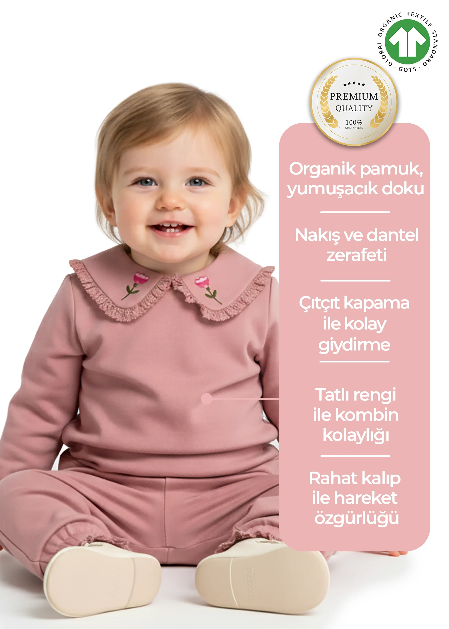 Organik Nakışlı ve Dantelli Gül Kurusu Kışlık Kız Bebek Üst