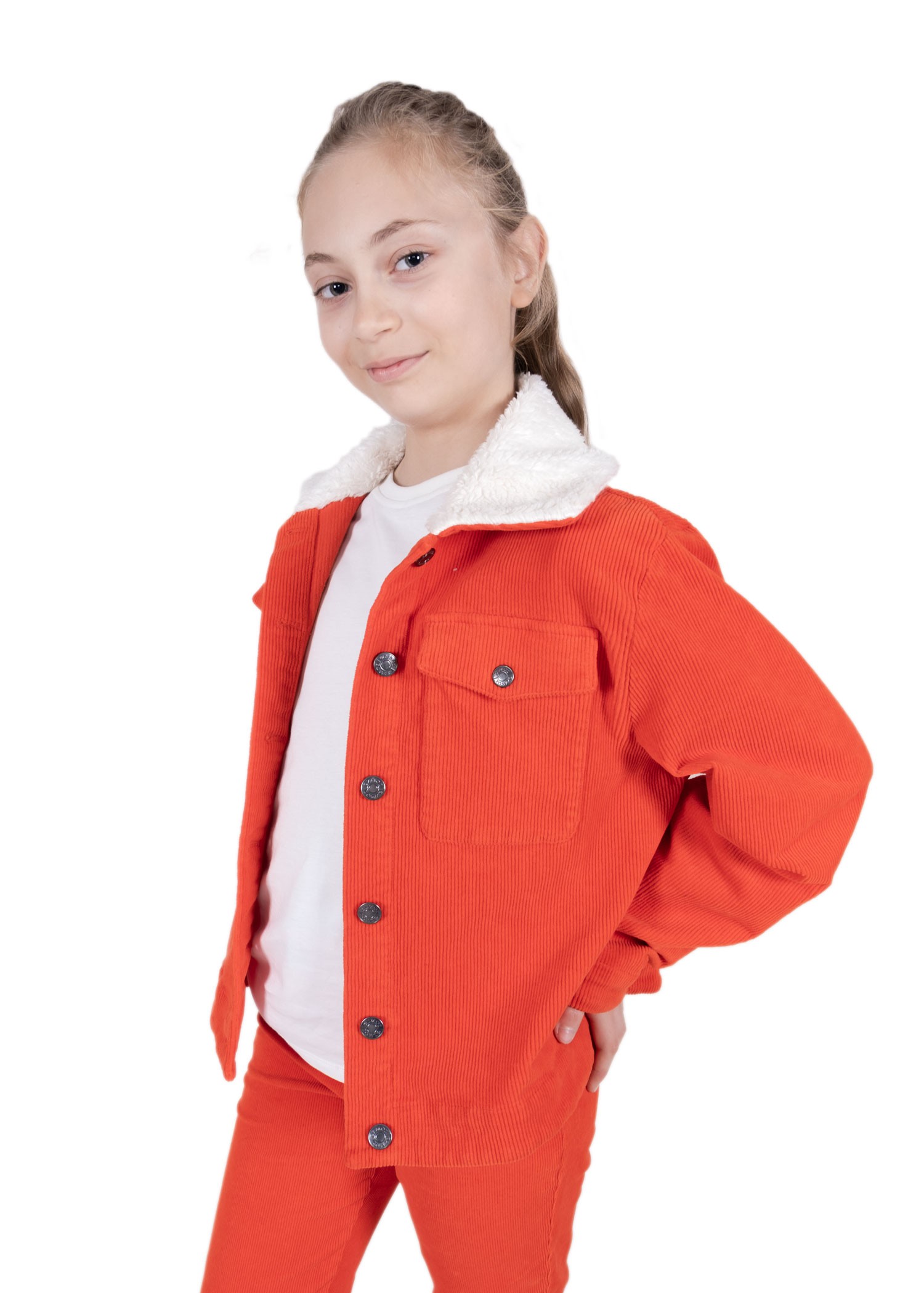 Cotton Corduroy Sports Cut Plush Collar Orange Winter Girls' Coat