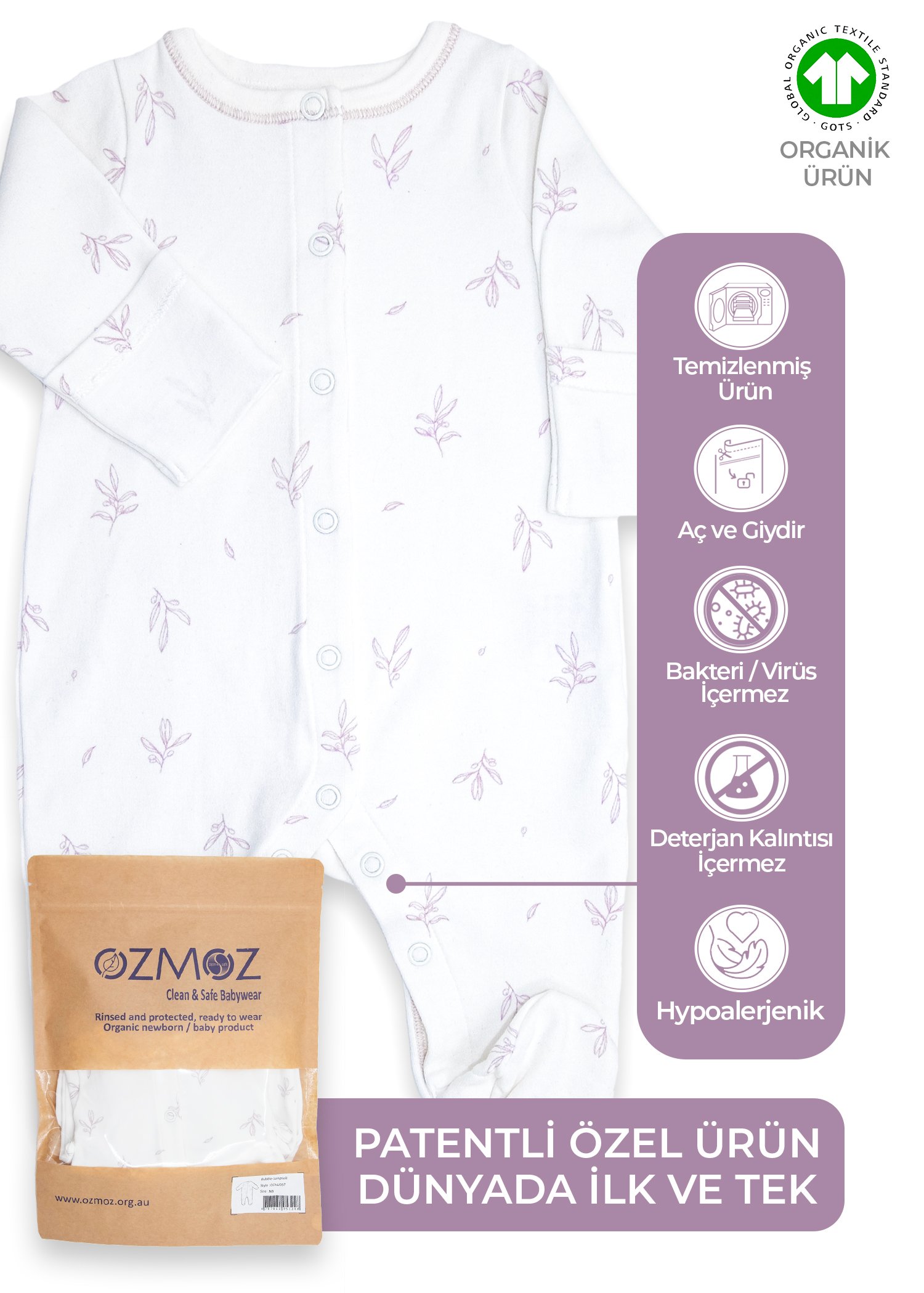 Clean&Safe Organik Steril Temizlenmiş Unisex Bebek Tulum