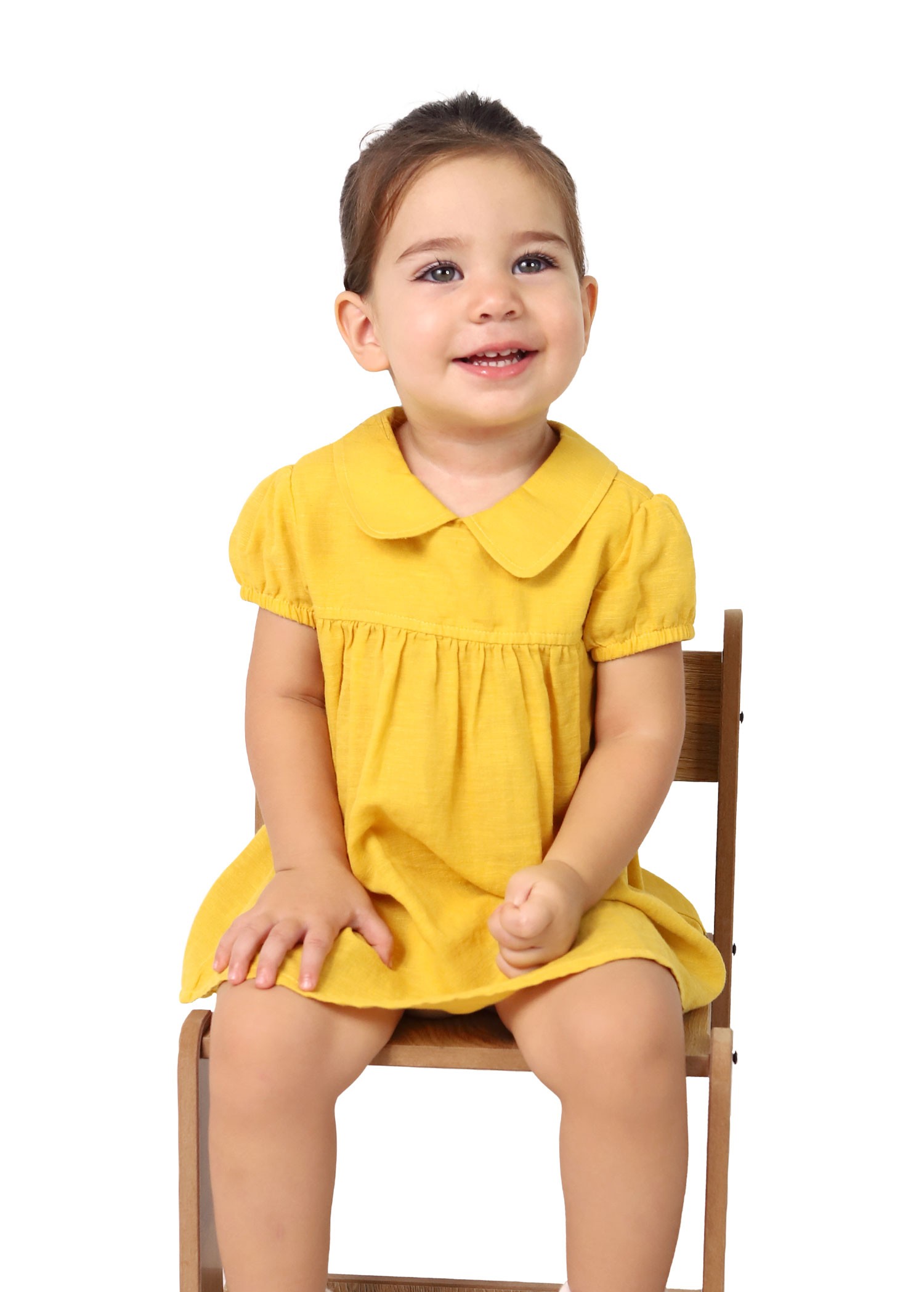 Organik Bebe Yaka Sarı Yazlık Kız Bebek Elbise