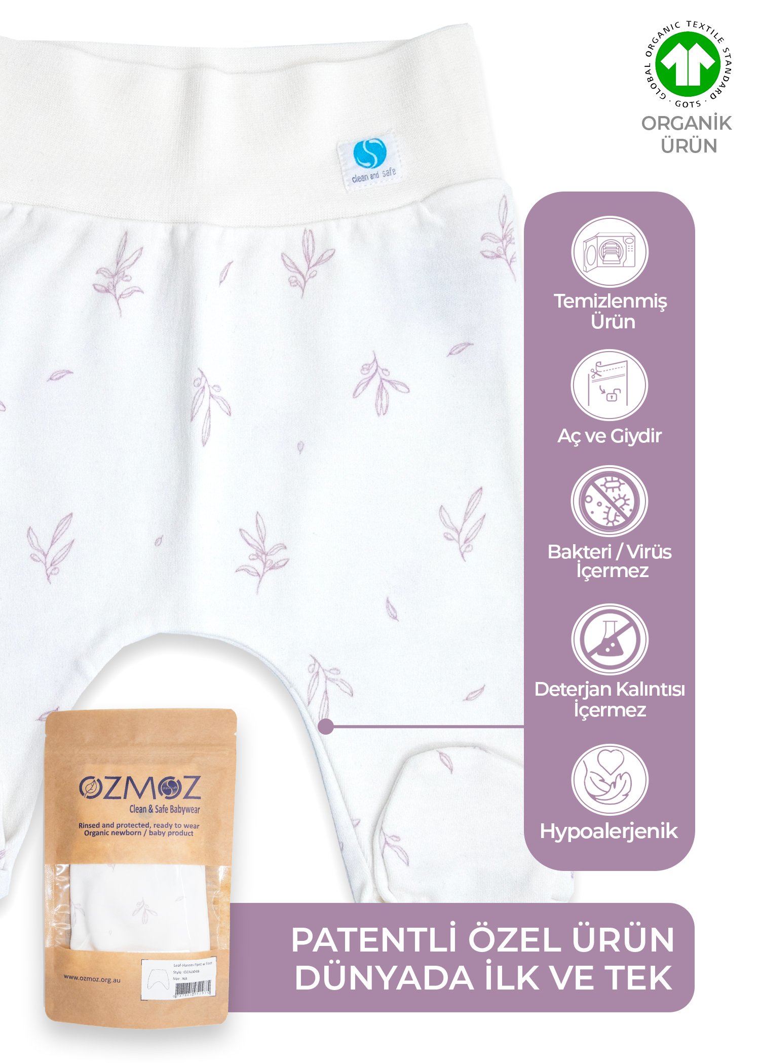 Clean&Safe Organik Steril Temizlenmiş Unisex Bebek Patikli Alt