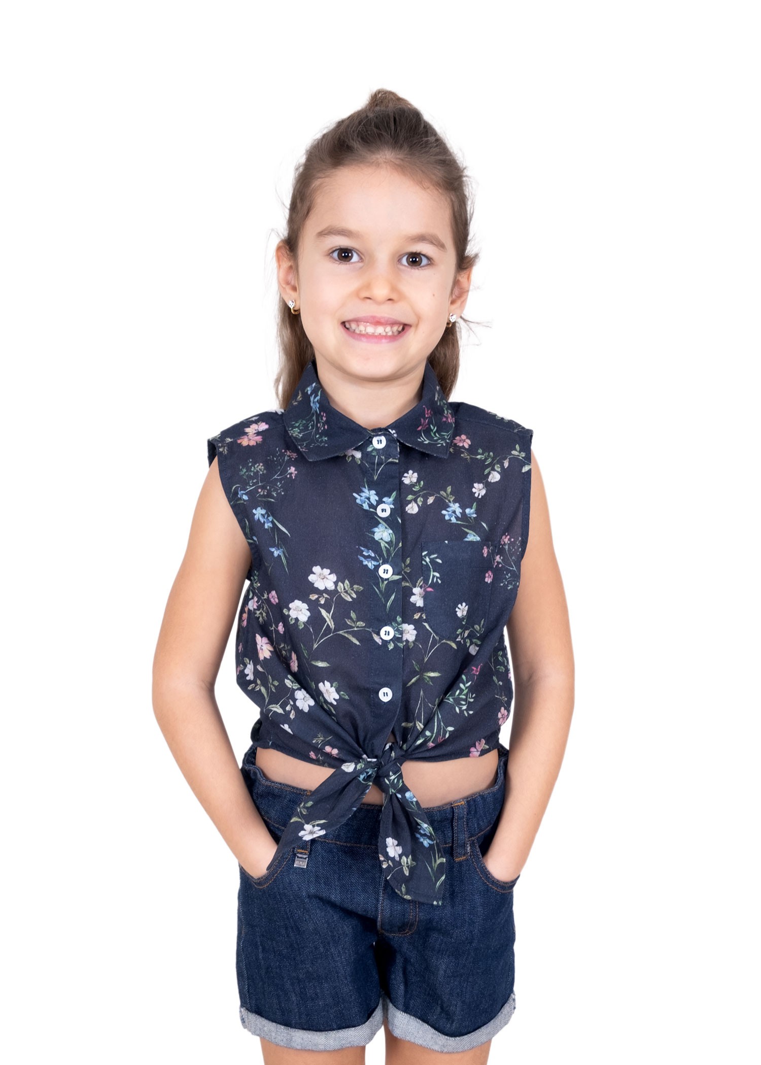 Organic Front Tie Floral Navy Blue Summer Little Girl Shirt