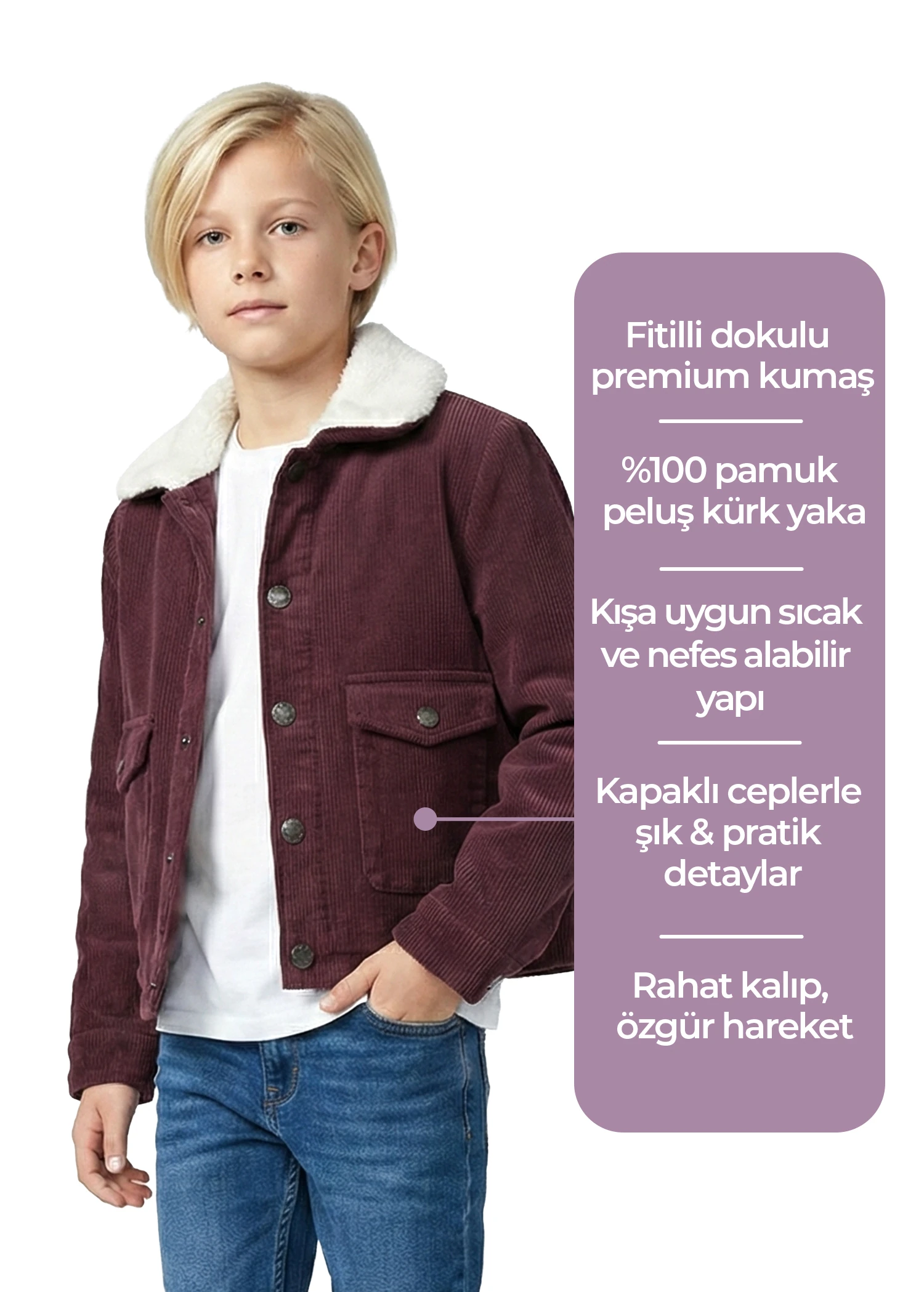 Fitilli Kadife Mor Spor Kesim Kışlık Erkek Çocuk Ceket