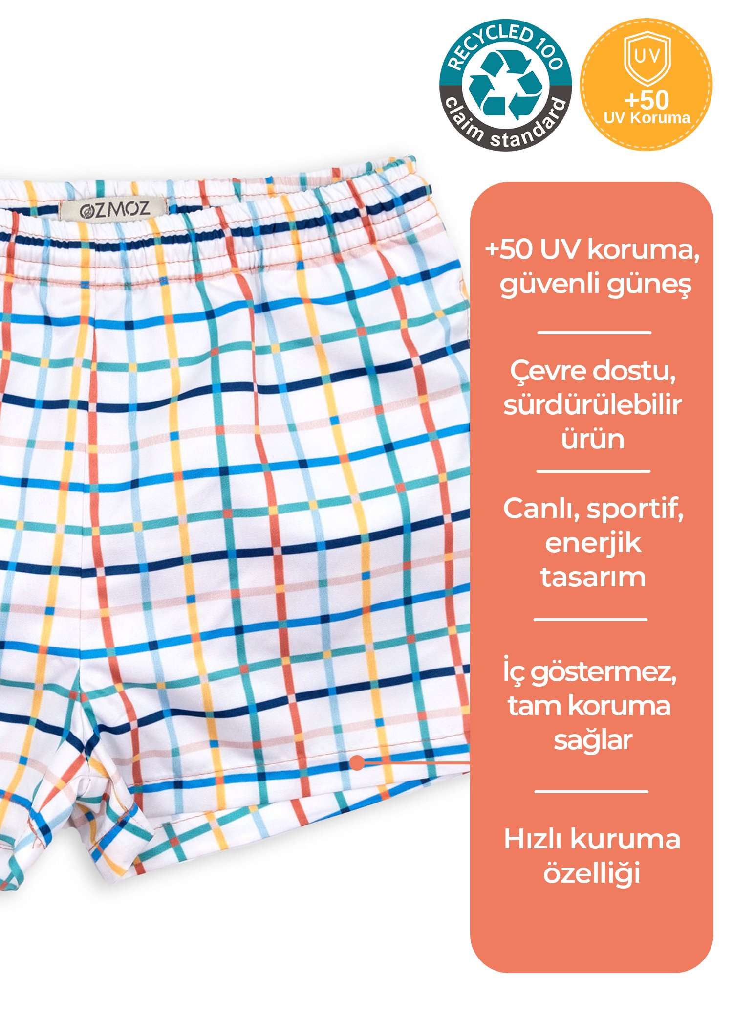 Renkli Ekose Beyaz Recycle Erkek Çocuk Şort Mayo