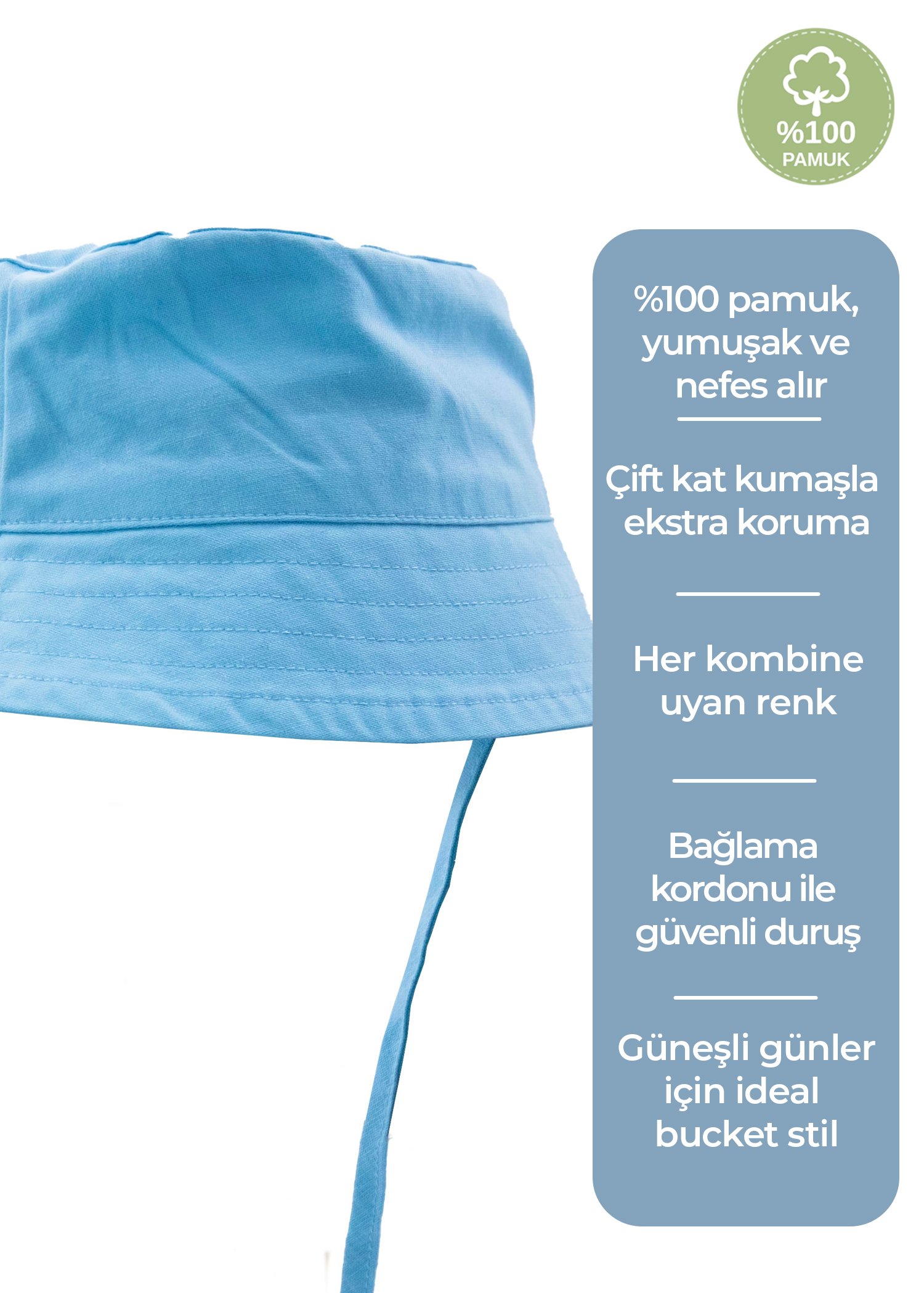 %100 Pamuk Mavi Yazlık Unisex Çocuk Bucket Şapka