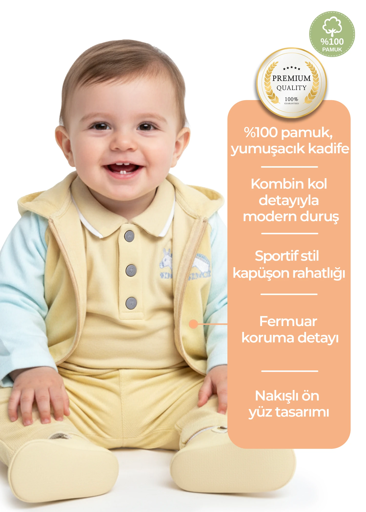 Kadife Kapüşonlu Nakışlı Kışlık Erkek Bebek Ceket