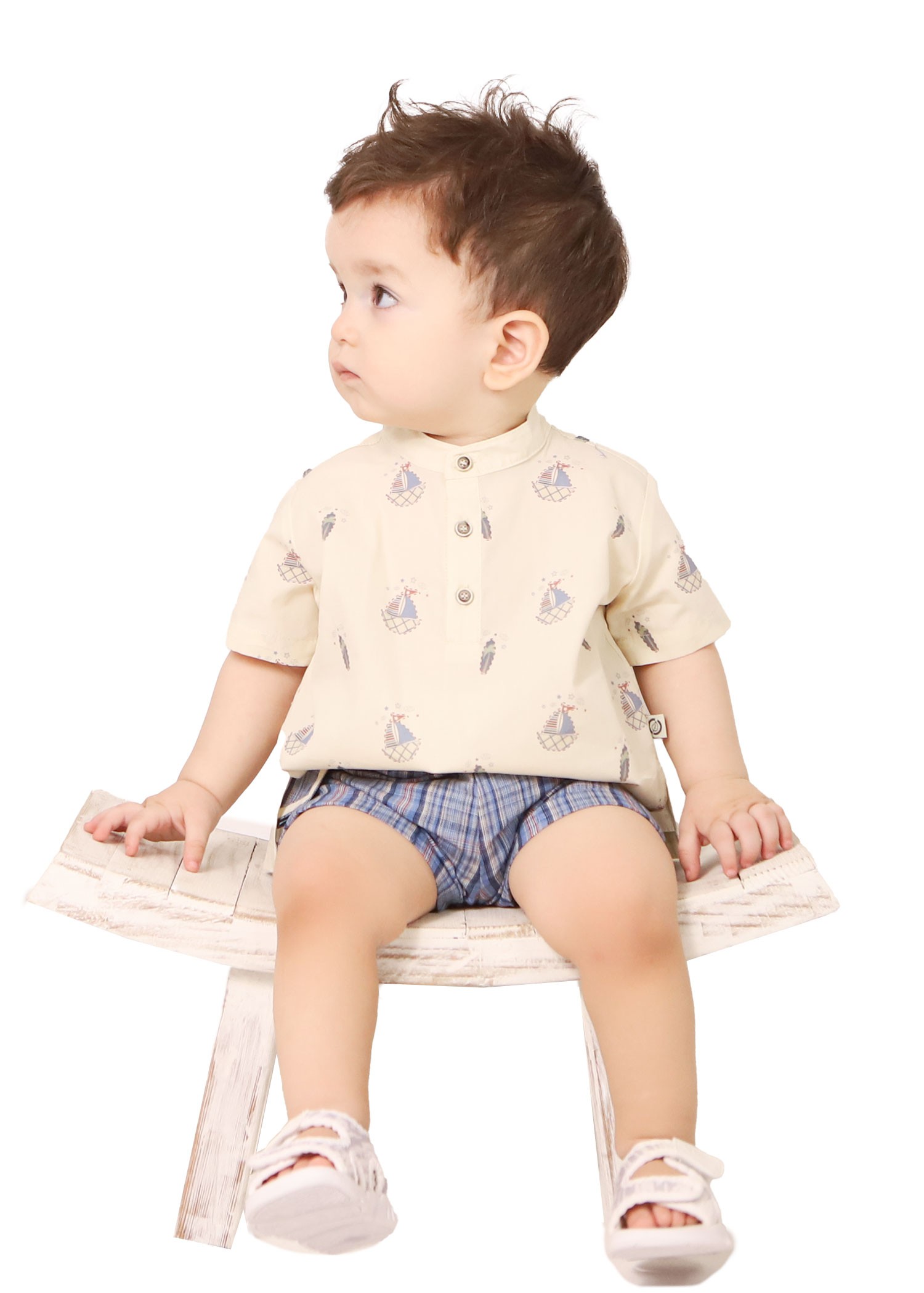 Organic Ship Patterned Cream Summer Baby Boy Shirt