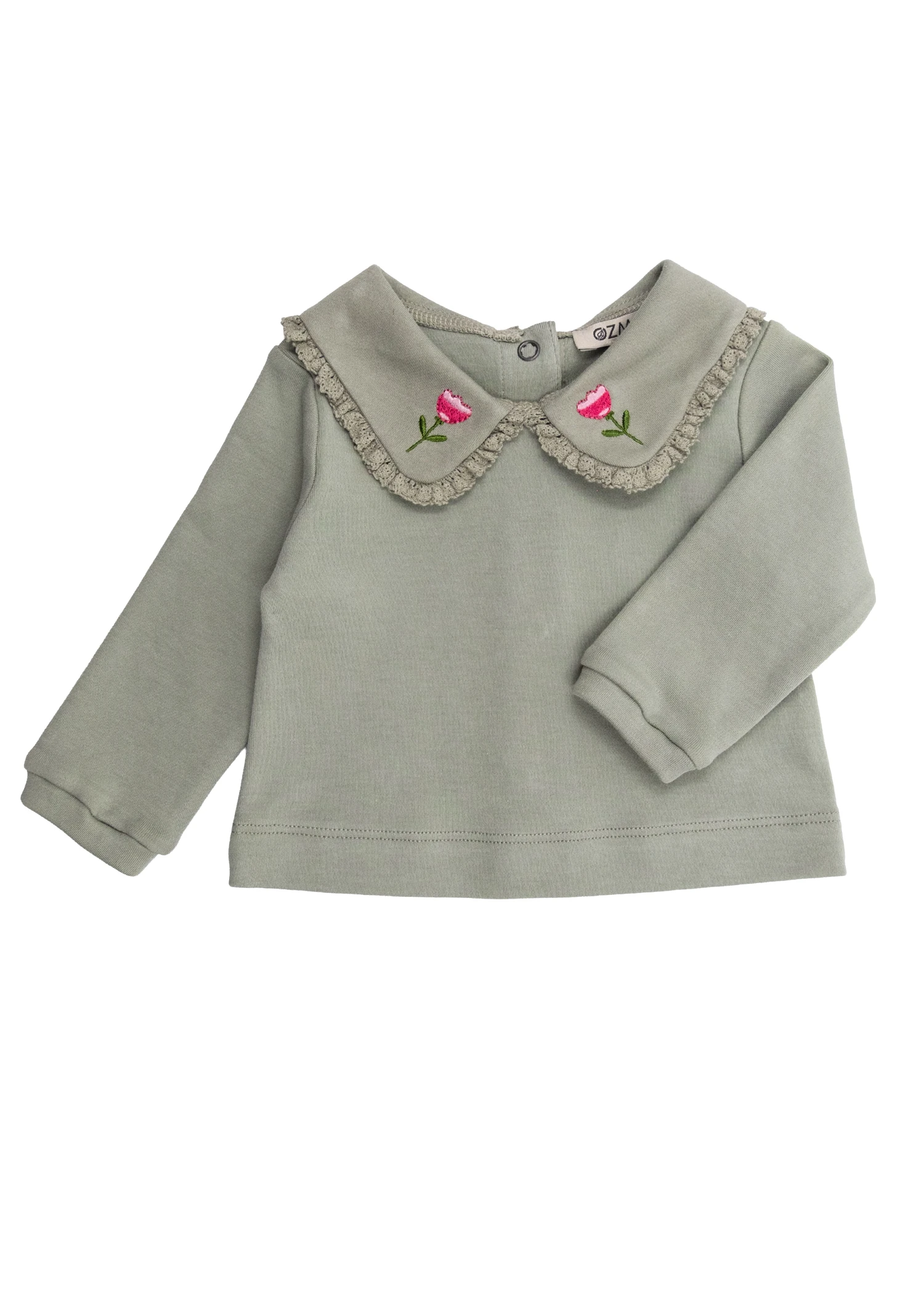 Organik Nakışlı ve Dantelli Koyu Yeşil Kışlık Kız Bebek Üst