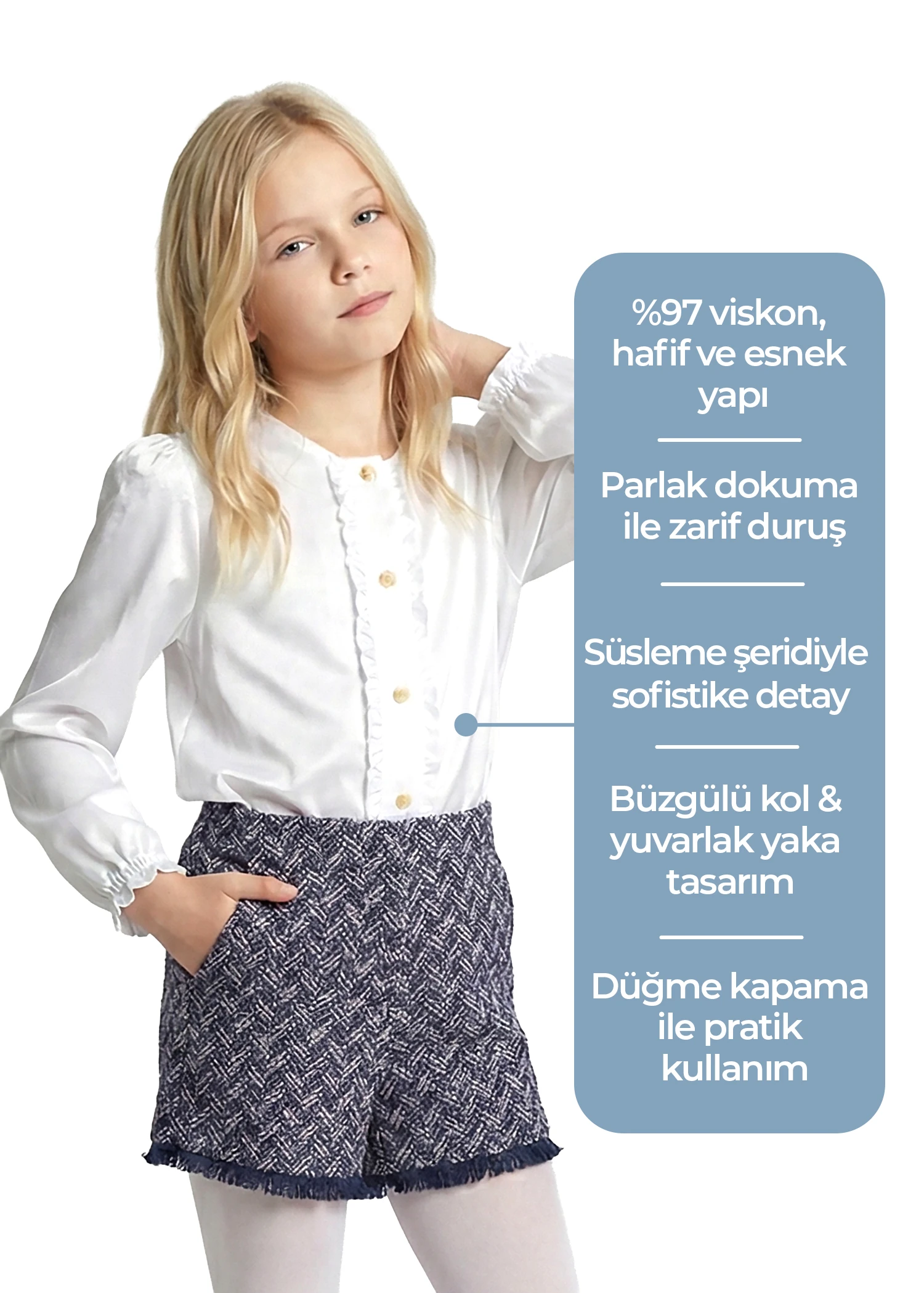 Floş Viskon Beyaz Uzun Kollu Kız Çocuk Bluz