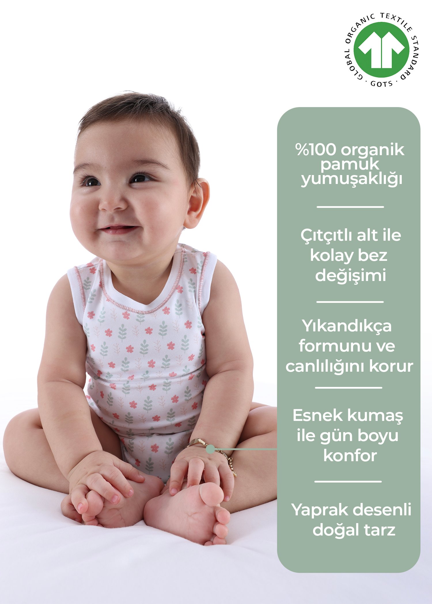Organik Yaprak Desenli Kız Bebek Atlet Body