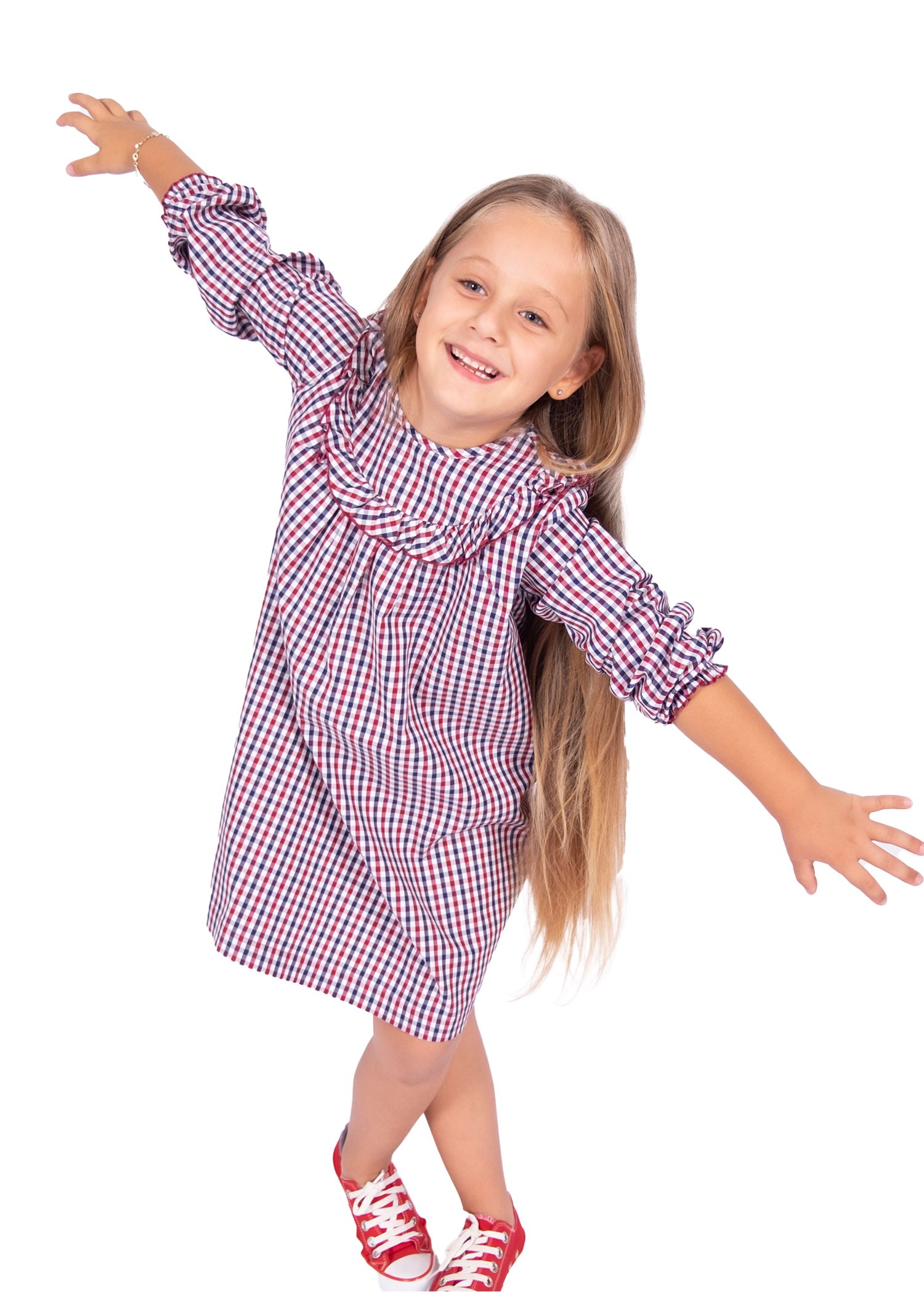 100% Cotton Long Sleeve Plaid Spring Girl's Dress