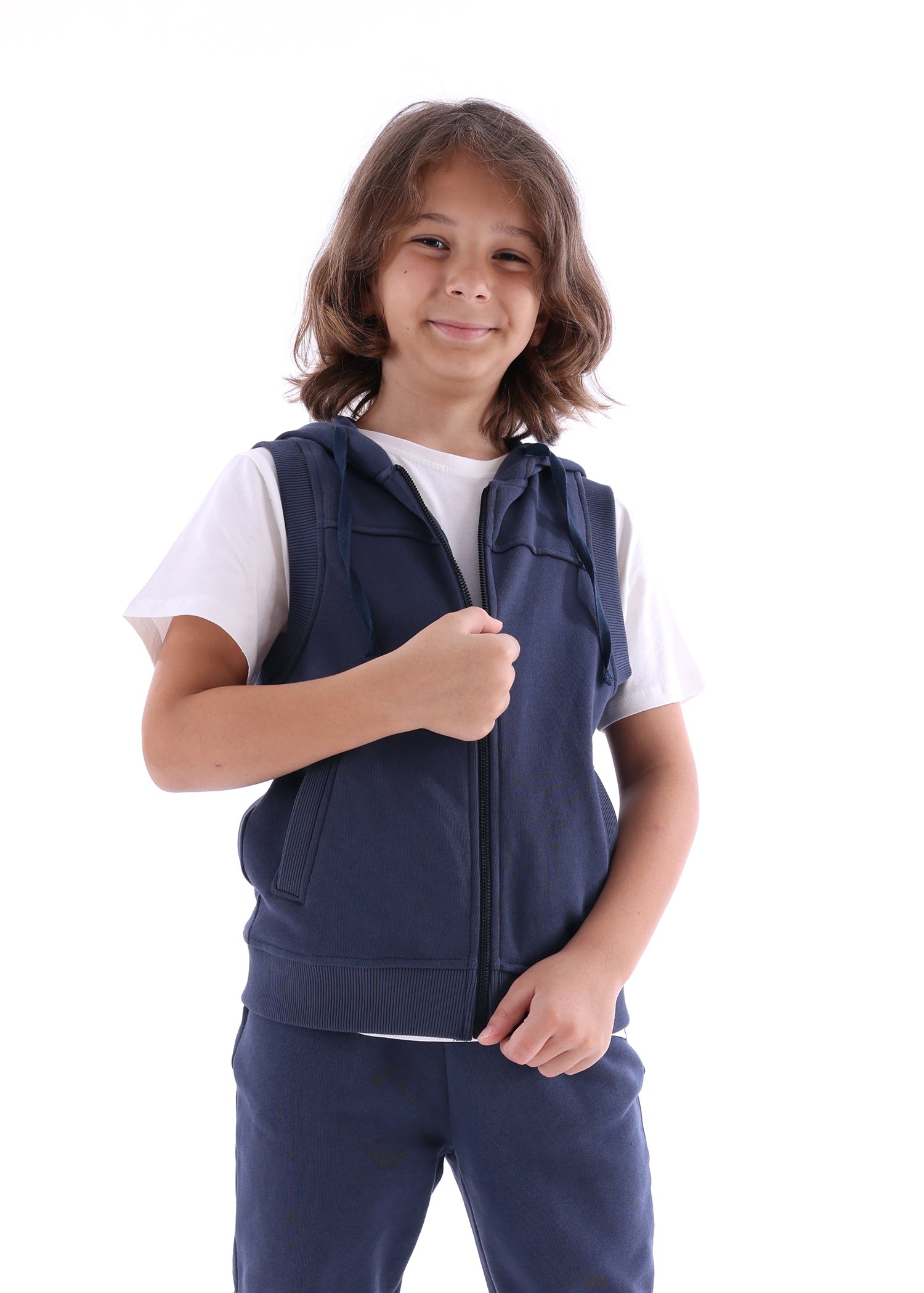 Organic Hooded Sleeveless Navy Blue Winter Boys' Sports Vest