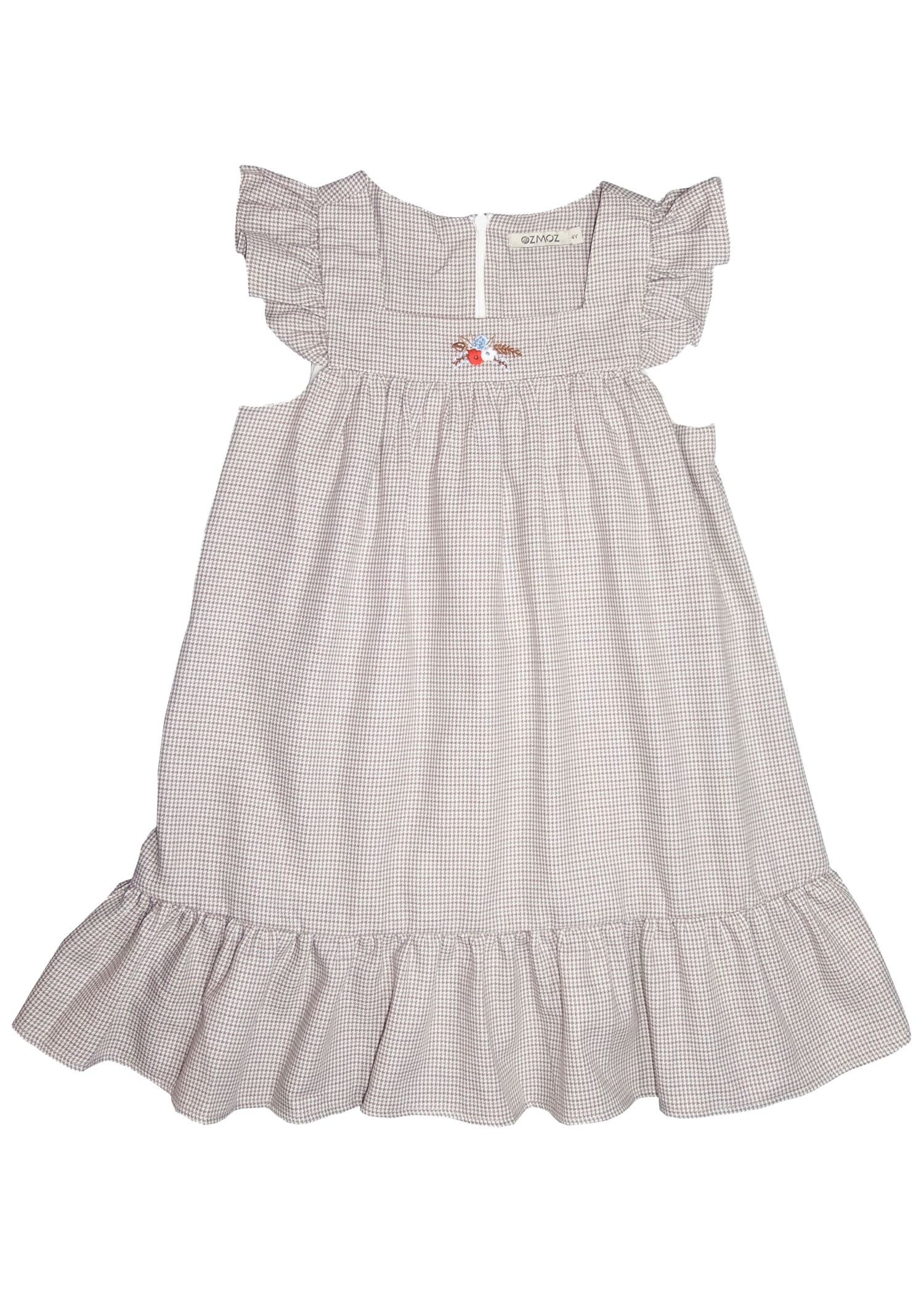 Cotton Gingham Embroidered Ruffled Light Brown Spring Girl's Gilet Dress