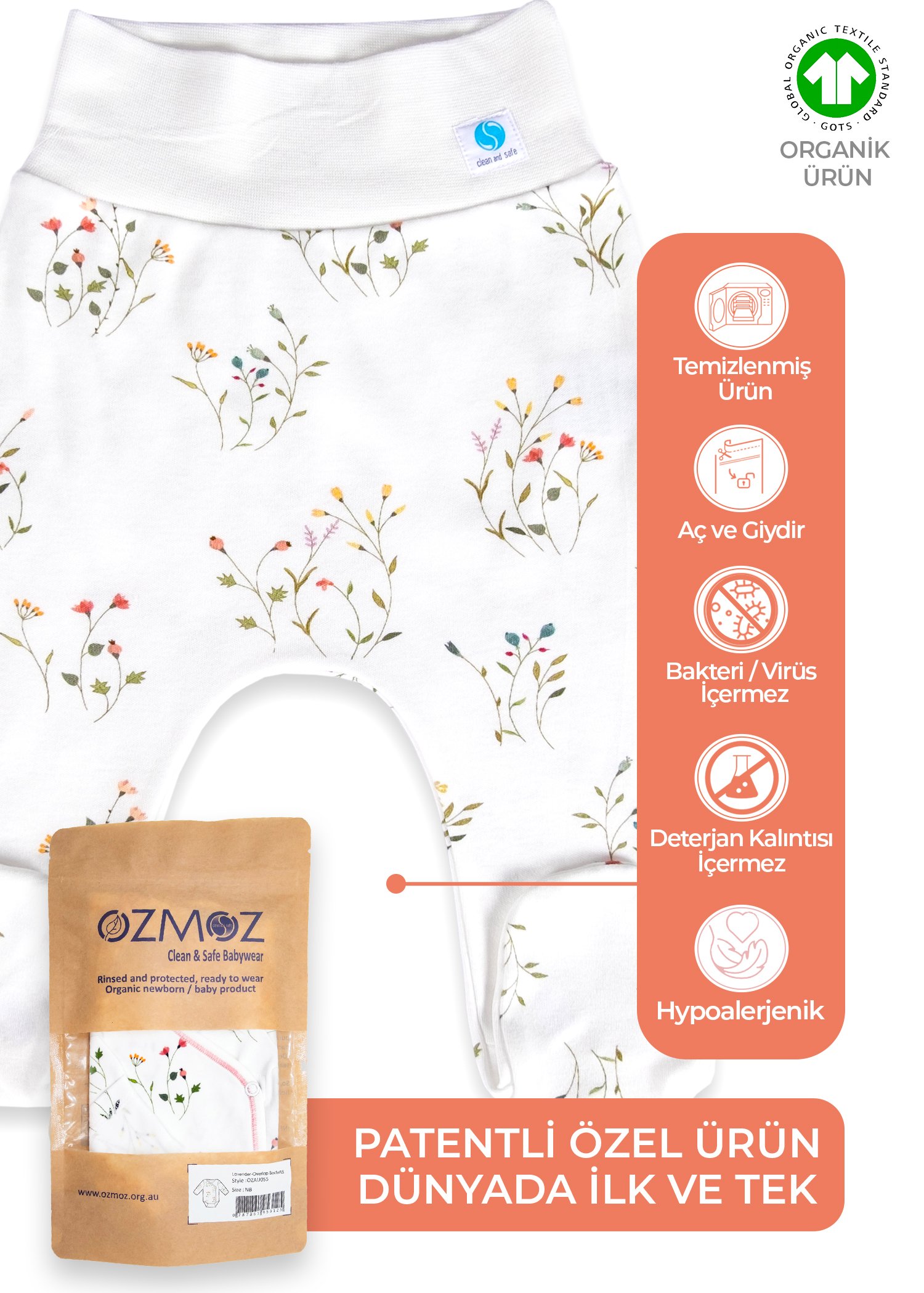 Clean&Safe Organik Steril Temizlenmiş Kız Bebek Patikli Alt