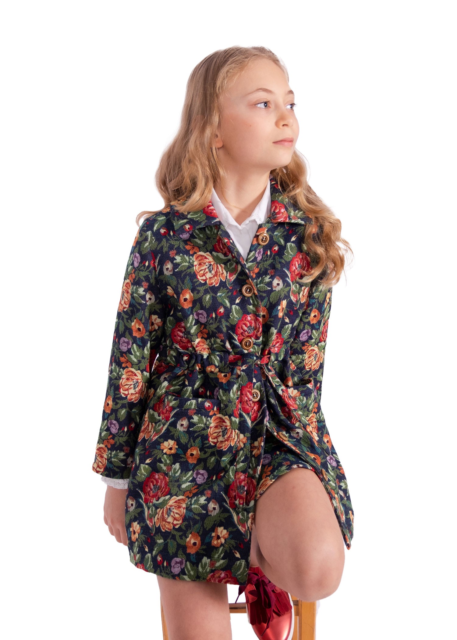 Jacquard Floral Winter Girls' Long Coat