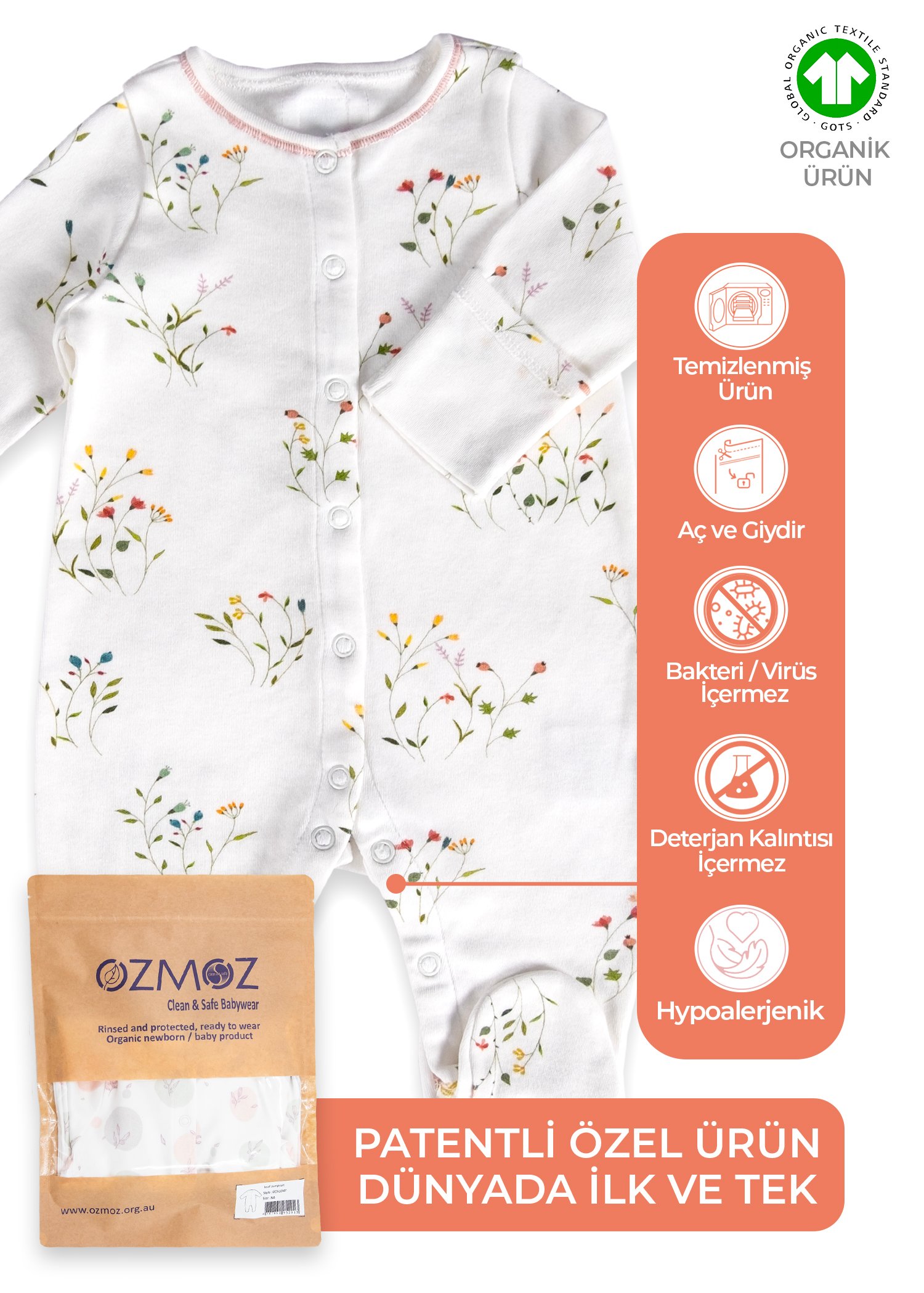 Clean&Safe Organik Steril Temizlenmiş Kız Bebek Patikli Tulum