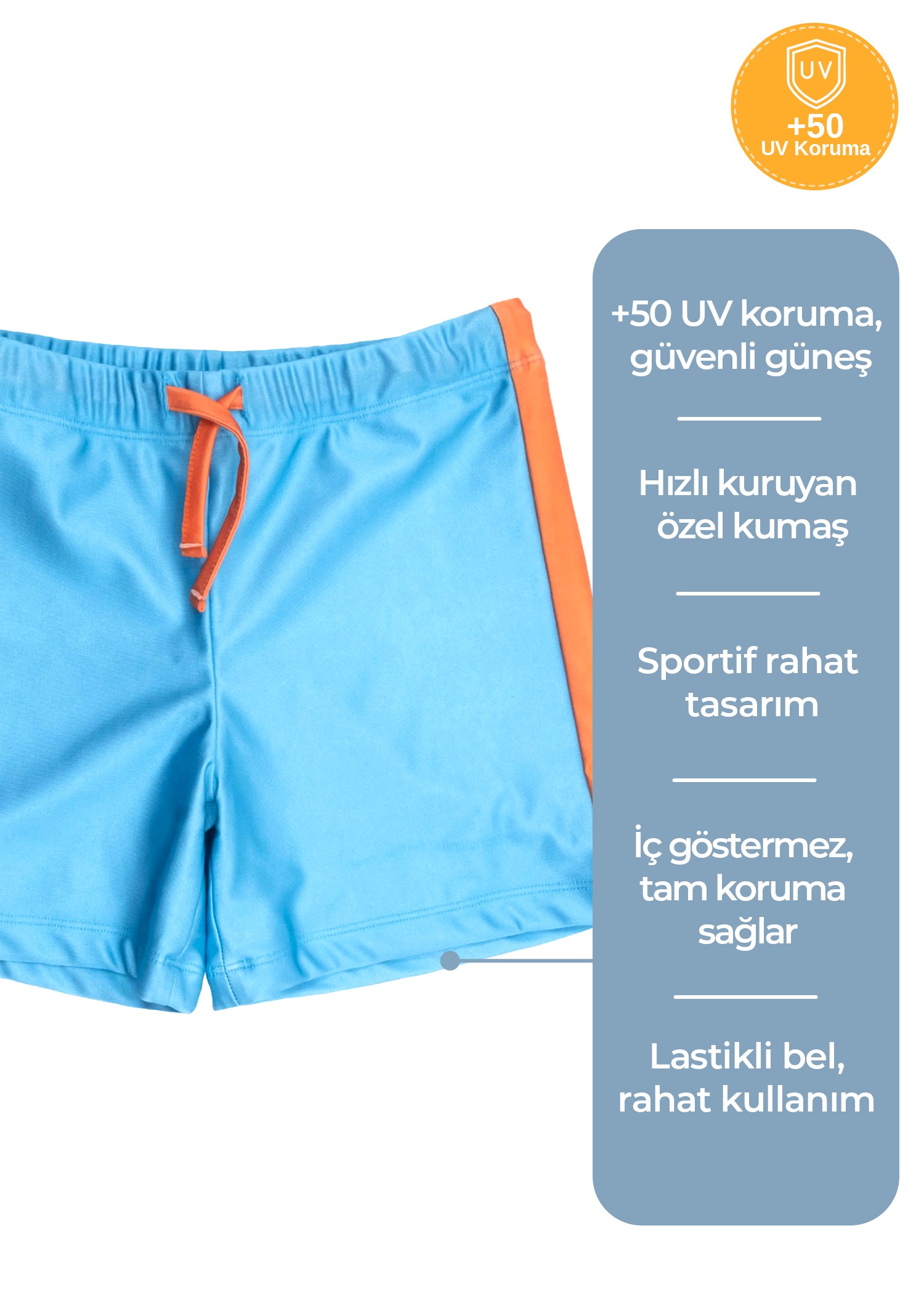 Turuncu Şeritli Mavi Örme Kumaş Erkek Çocuk Şort Mayo