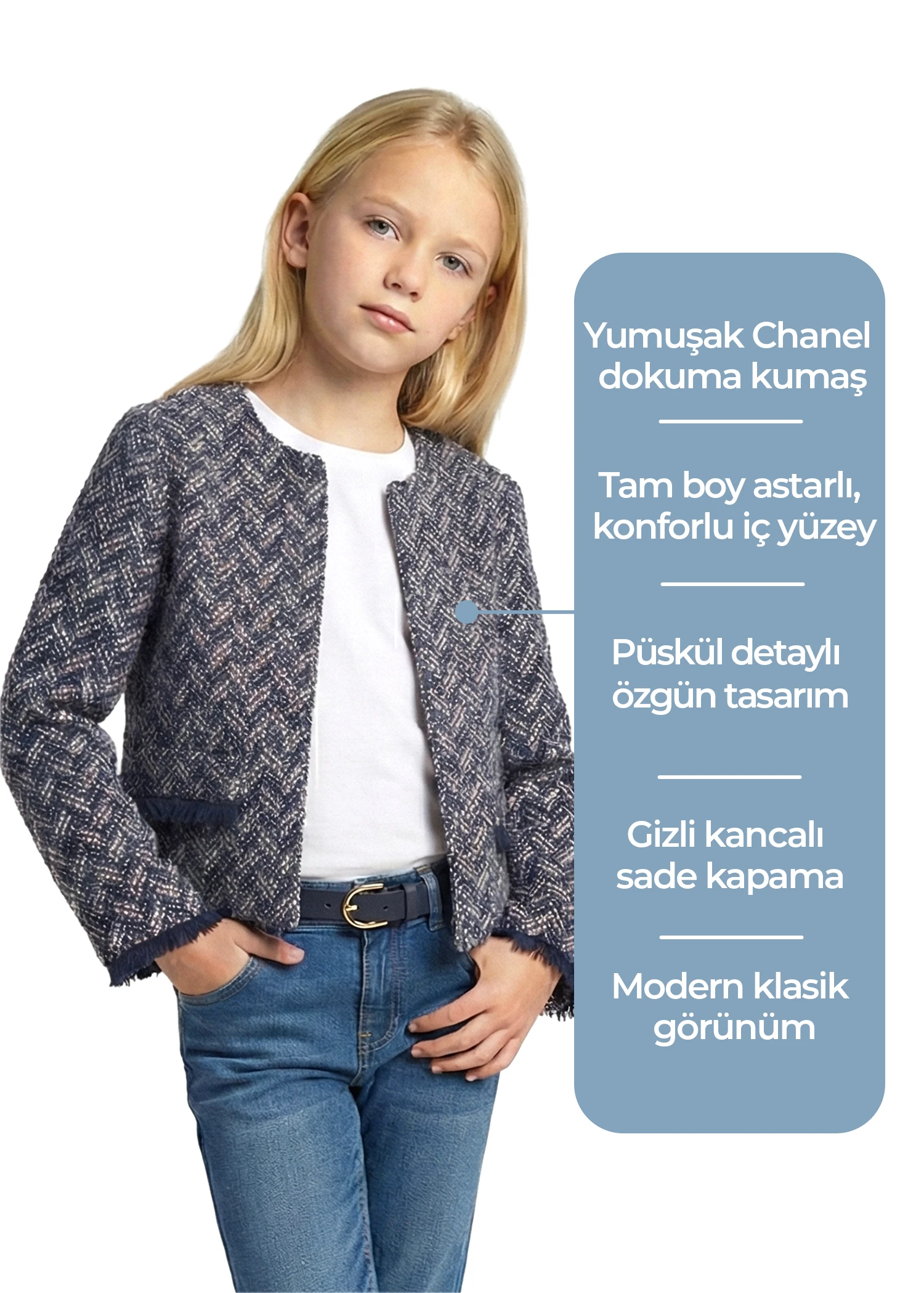 Tüvit Kumaş Astarlı Lacivert Kışlık Kız Çocuk Bolero Ceket