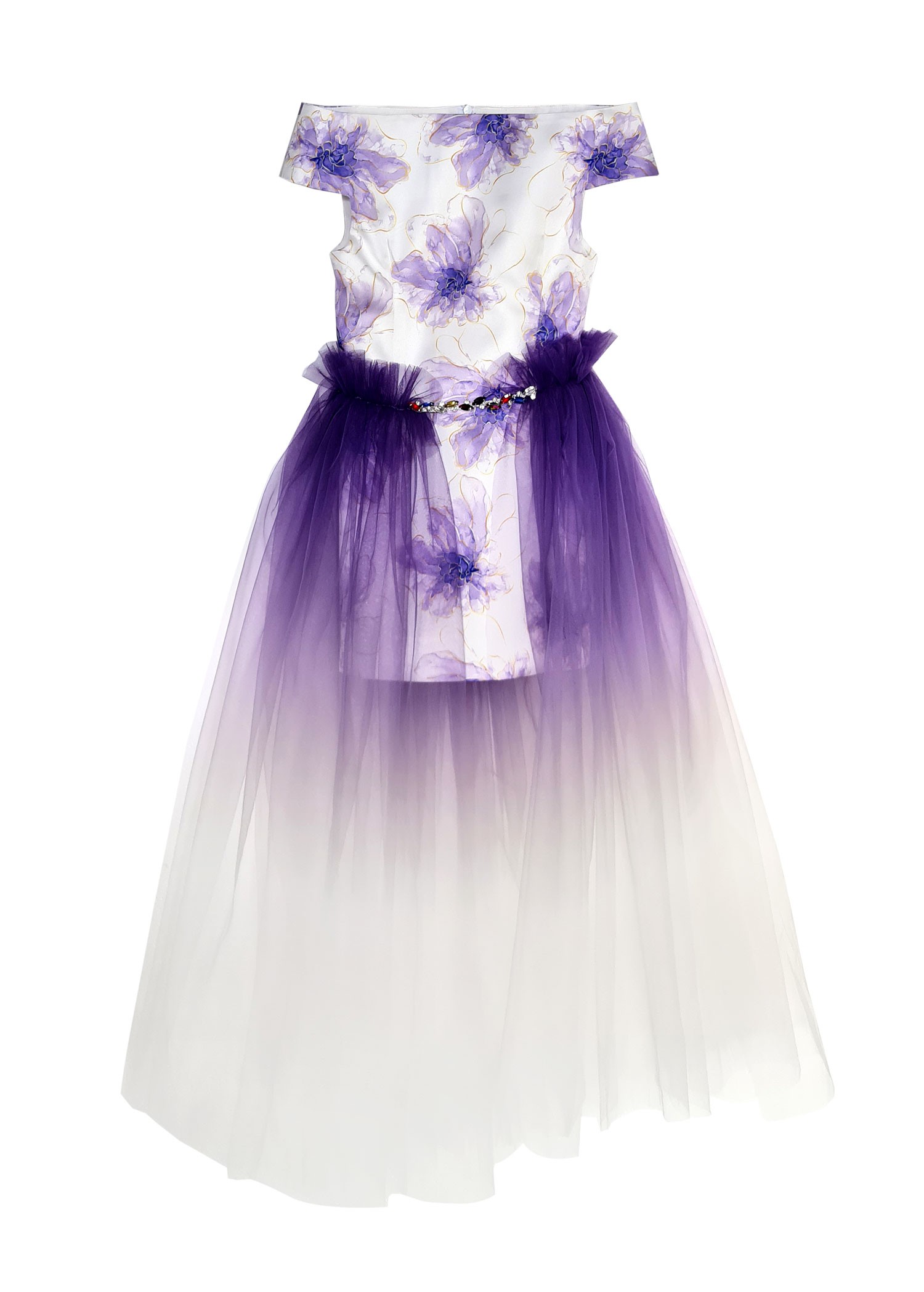 Purple Girls' Evening Dress with Floral False Tulle Skirt