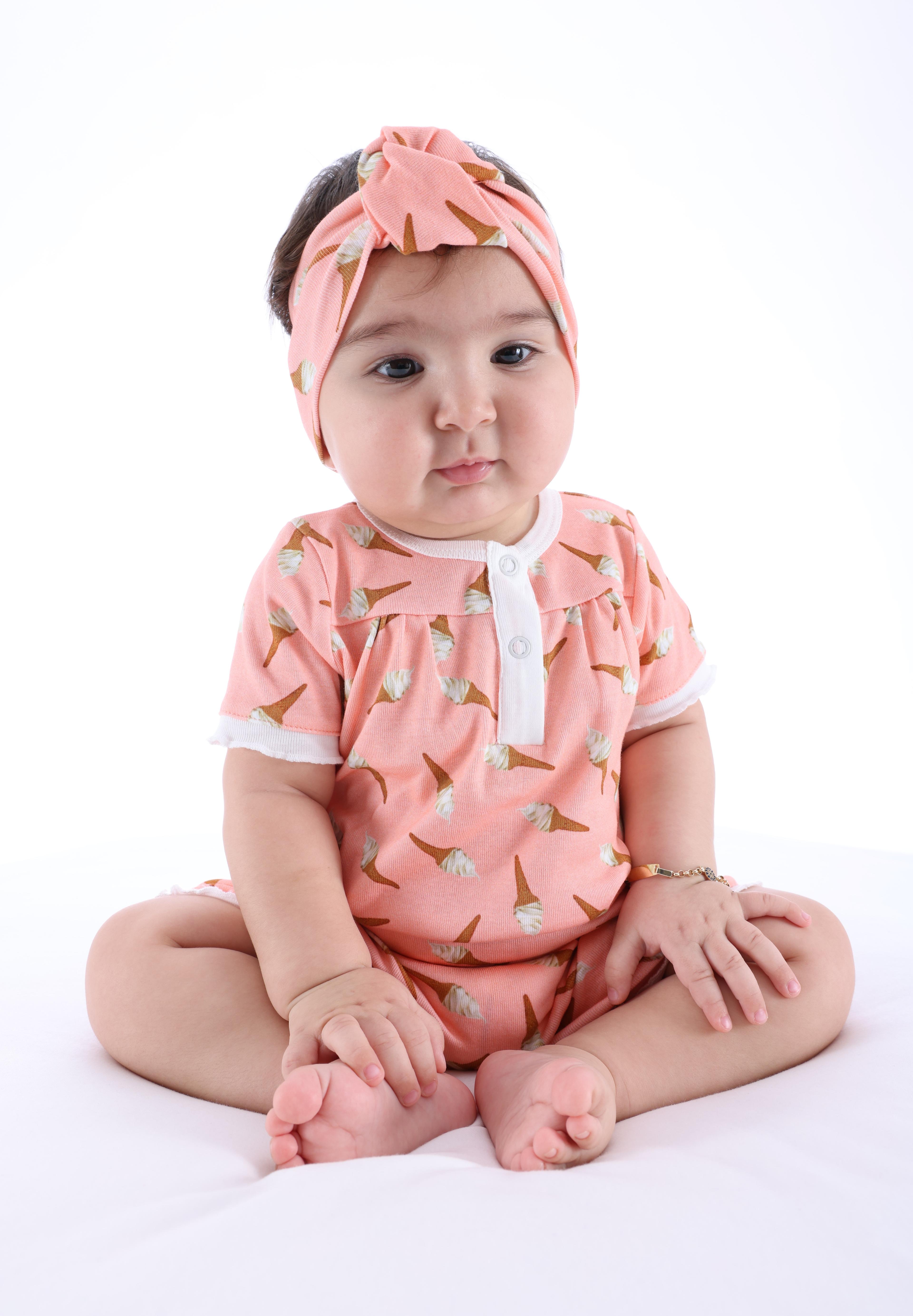 Organik Dondurma Desenli Pembe Kız Bebek Zıbın & Tulum