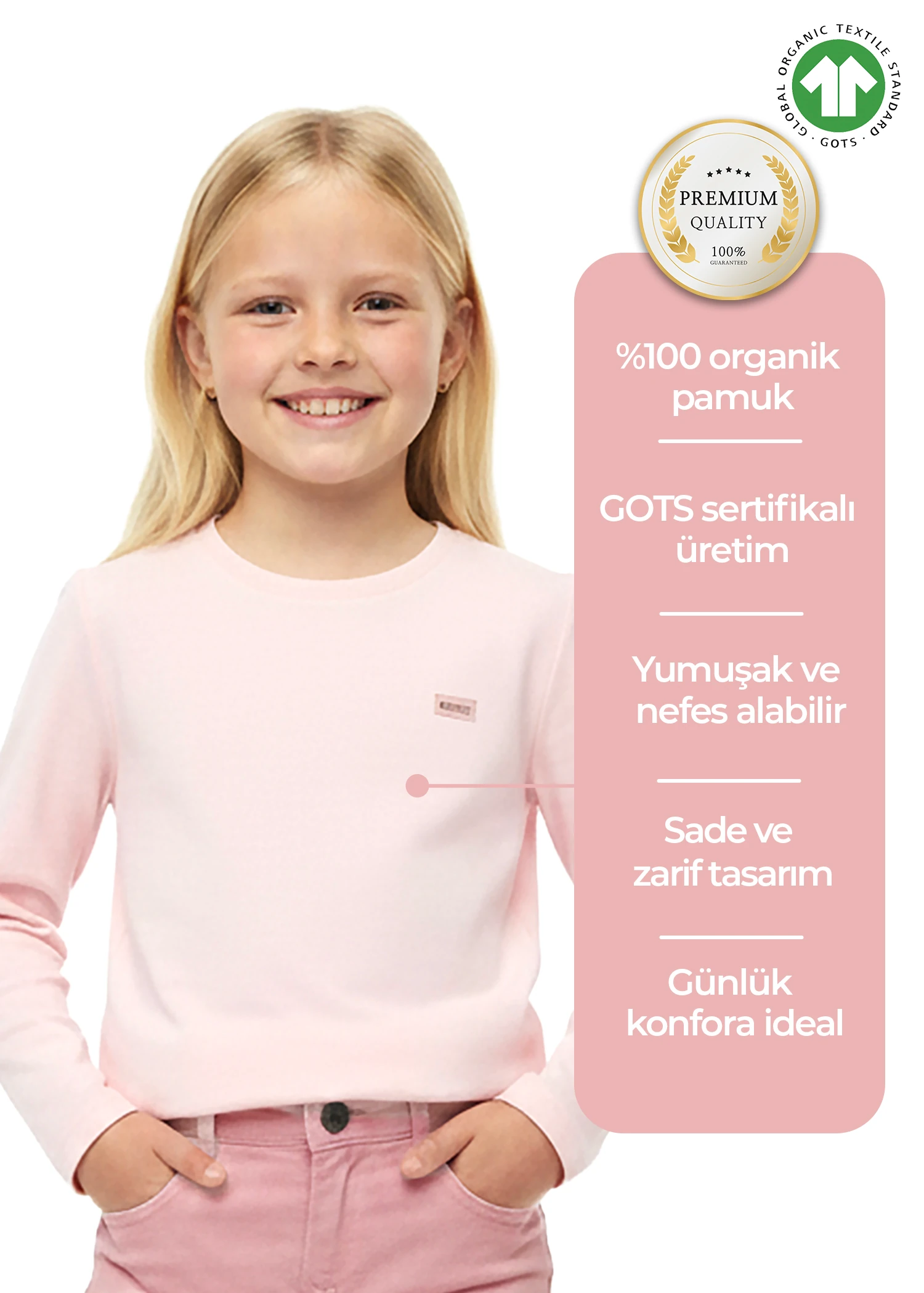 Organik Açık Pembe Kışlık Kız Çocuk İnce Sweat