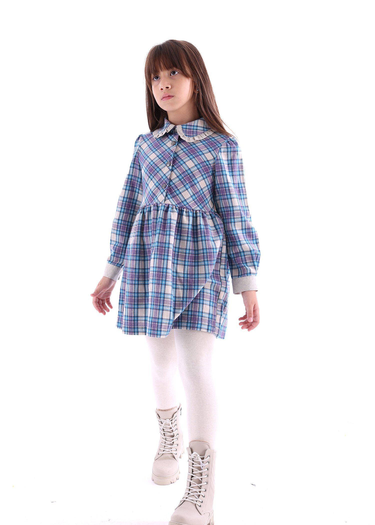 Baby Collar Blue Plaid Winter Girl's Dress