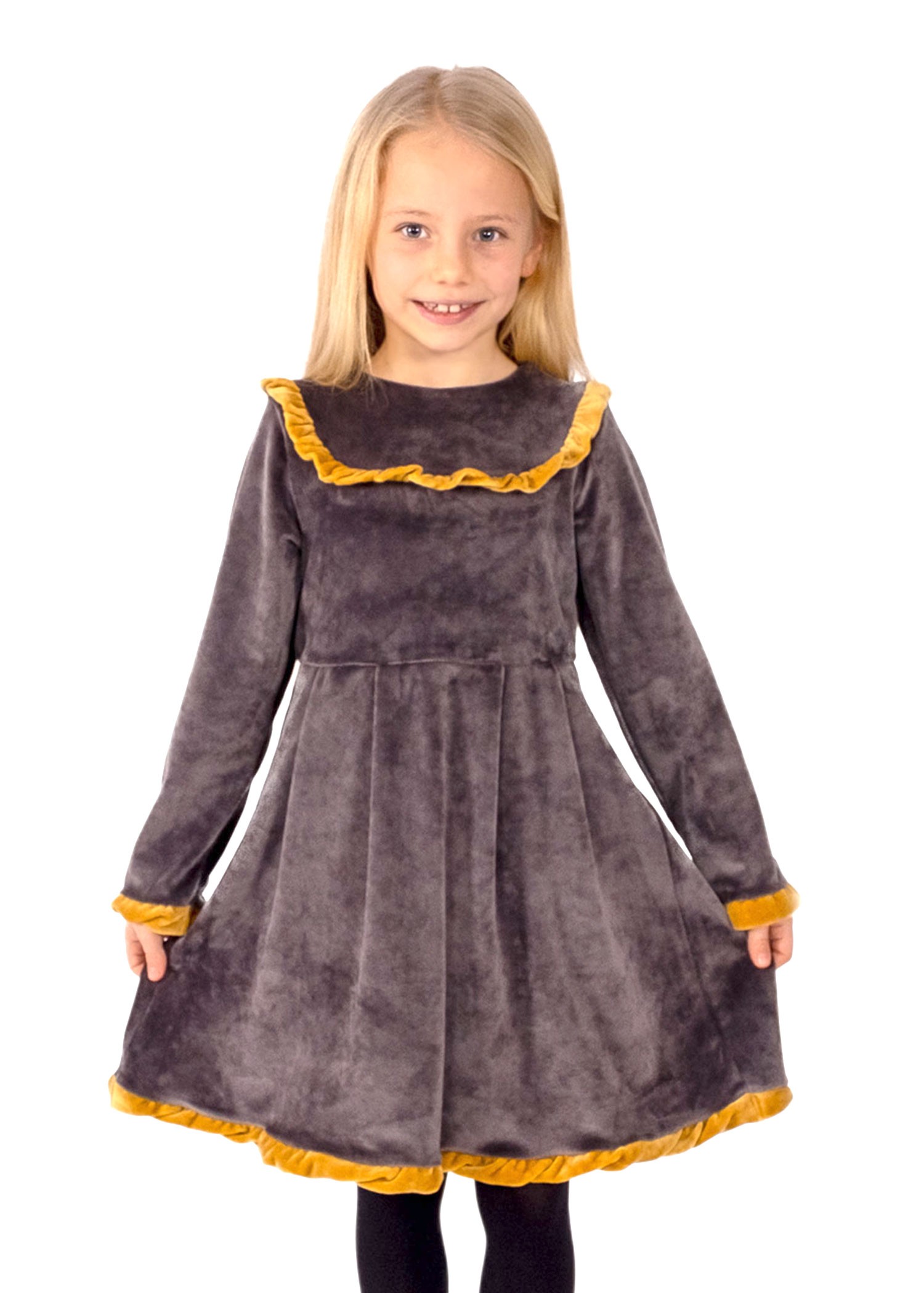 Knitted Velvet Gray Size Yellow Ruffle Winter Girls Dress