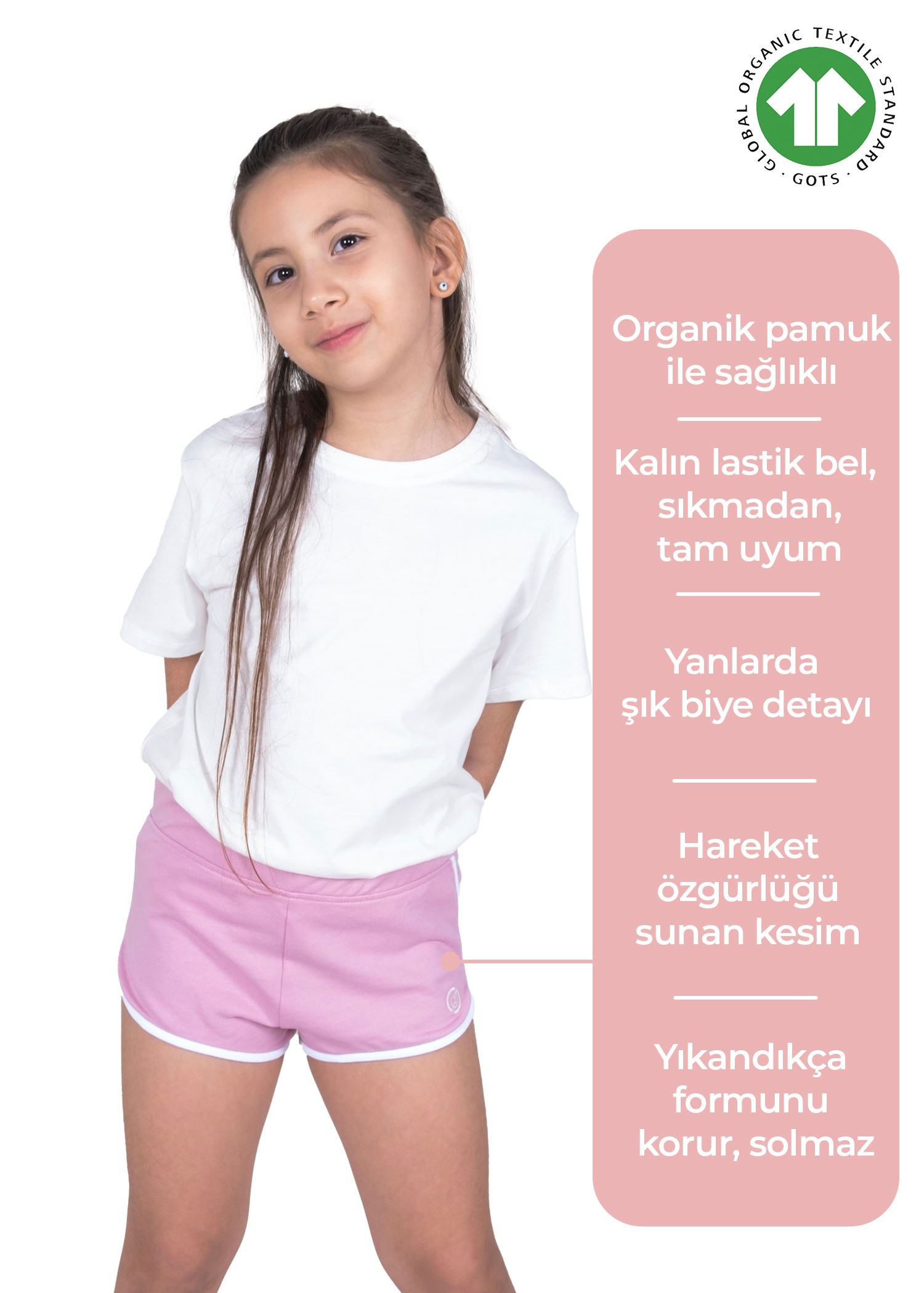 Organik Spor Kesim Pembe Yazlık Kız Çocuk Şort
