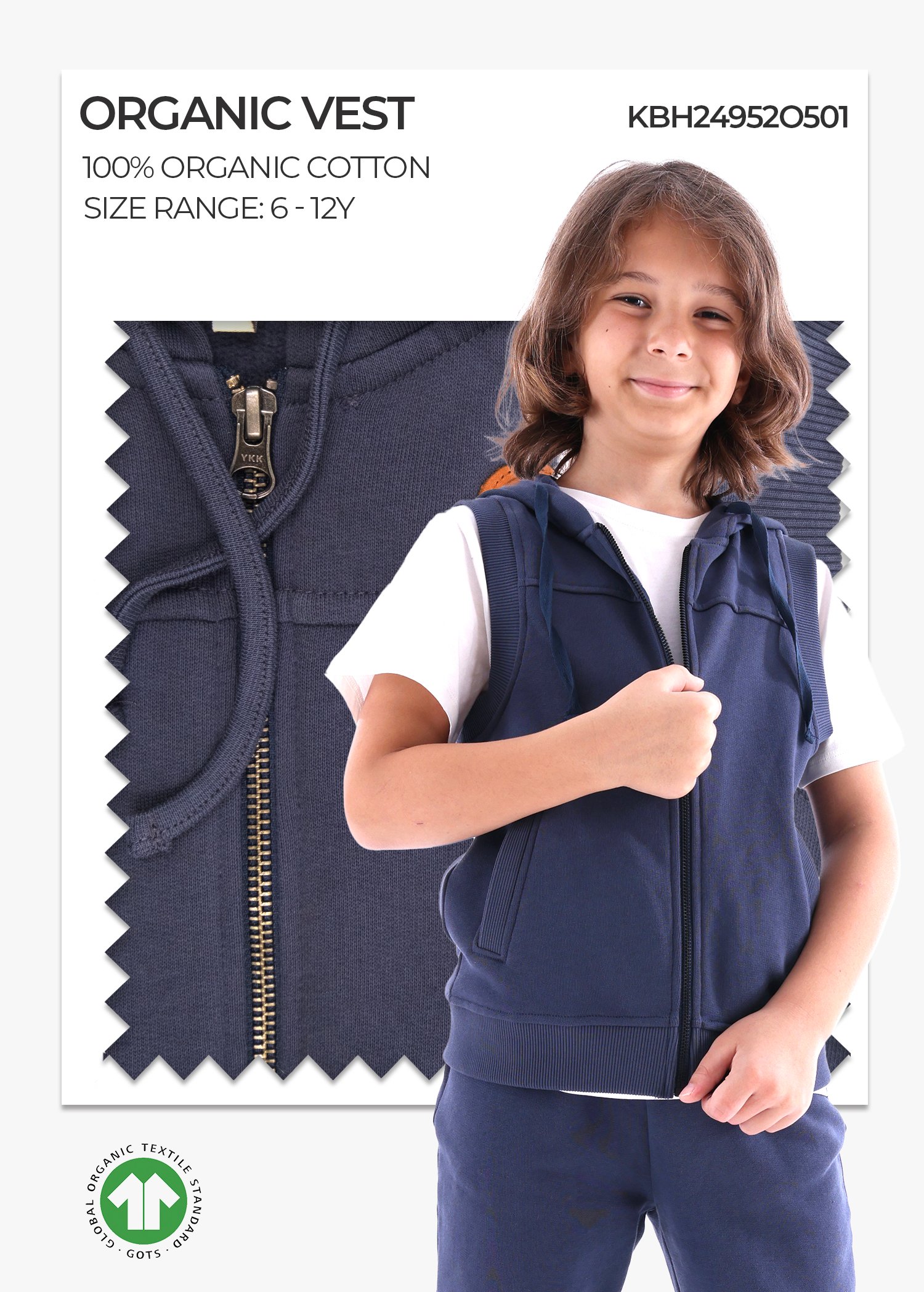 Organic Hooded Sleeveless Navy Blue Winter Boys Sports Vest