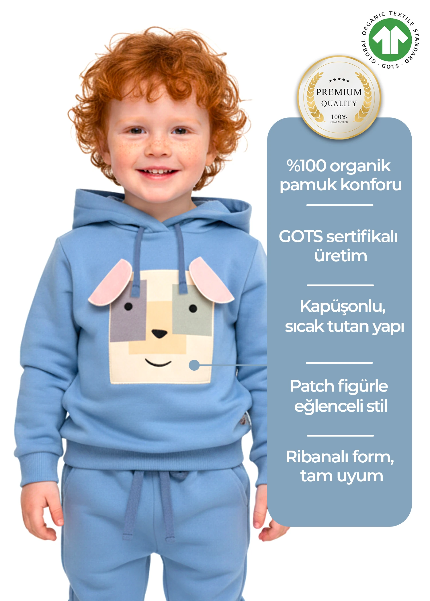 Organik Kapüşonlu Mavi Minik Erkek Çocuk Sweatshirt