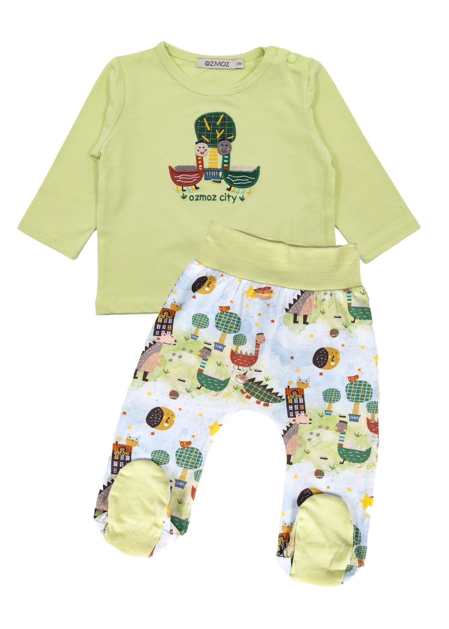 Organic Dino Embroidered Green Spring Baby Girl Set with Booties