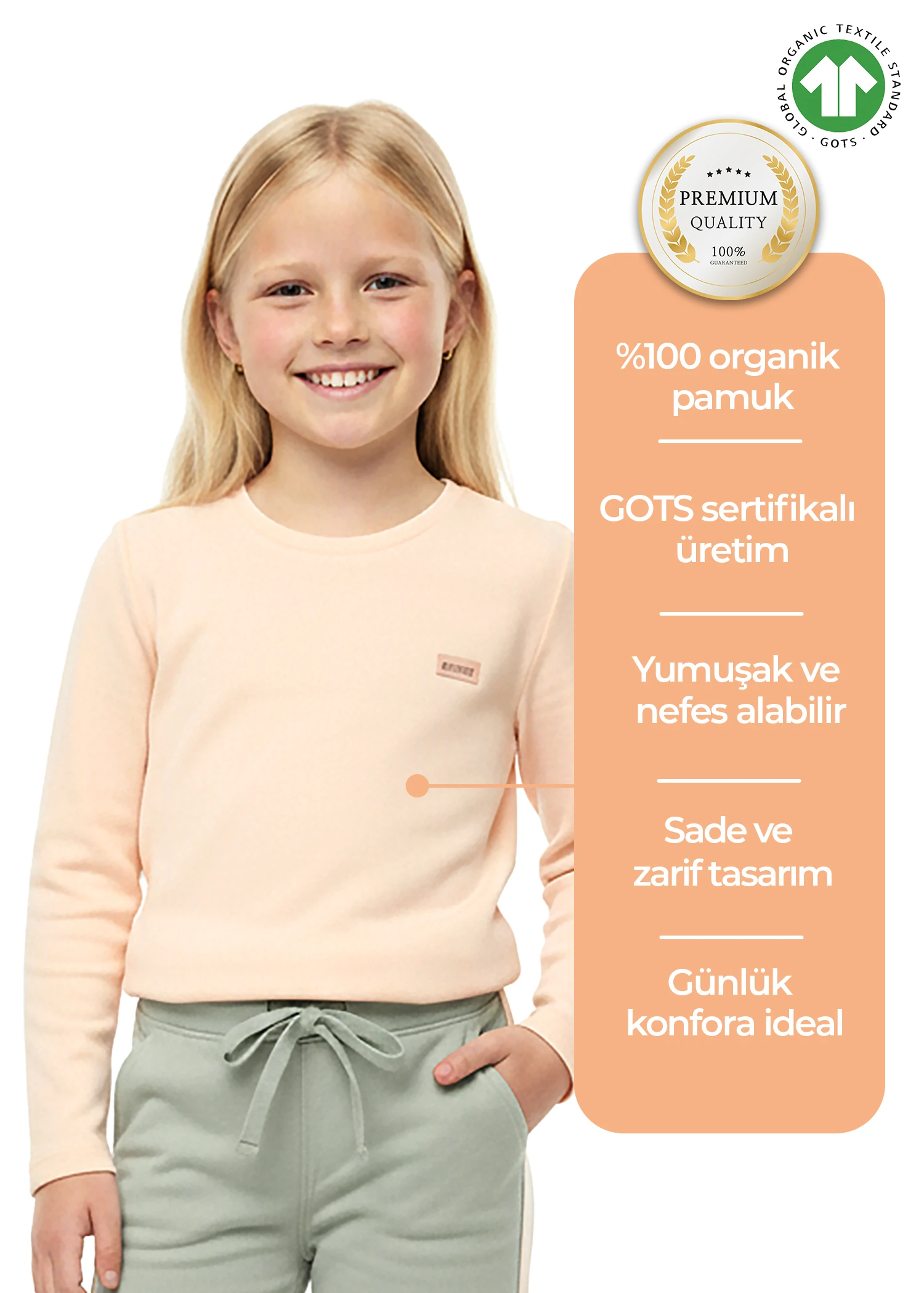 Organik Yavruağzı Kışlık Kız Çocuk İnce Sweat