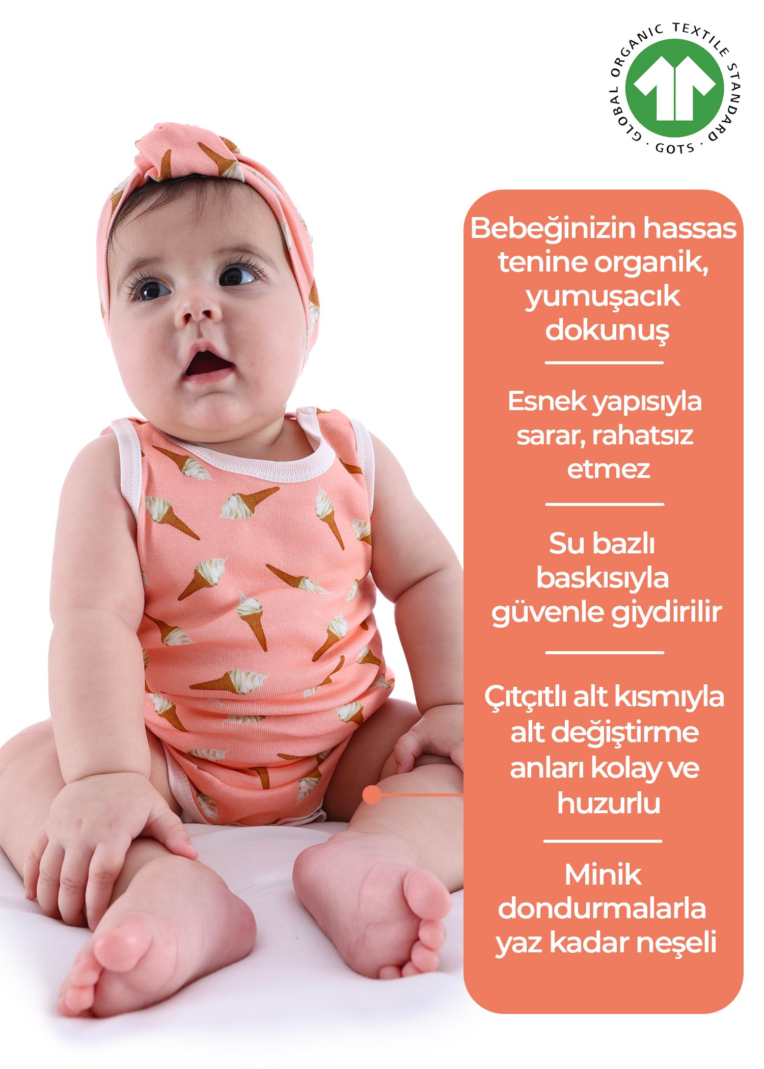 Organik Kolsuz Pembe Dondurma Baskılı Kız Bebek Body