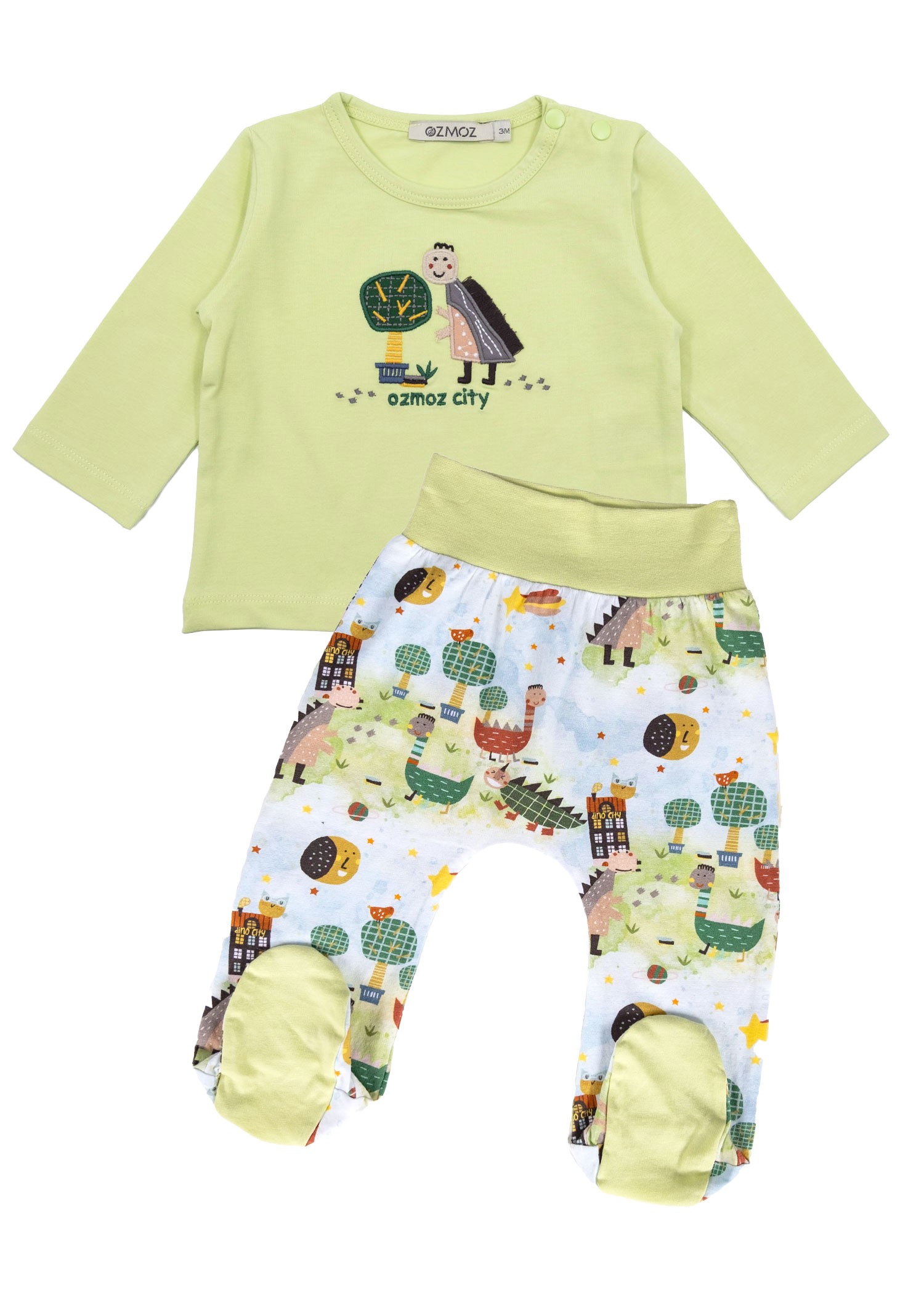 Organic Dino Embroidered Green Spring Baby Boy Set with Booties