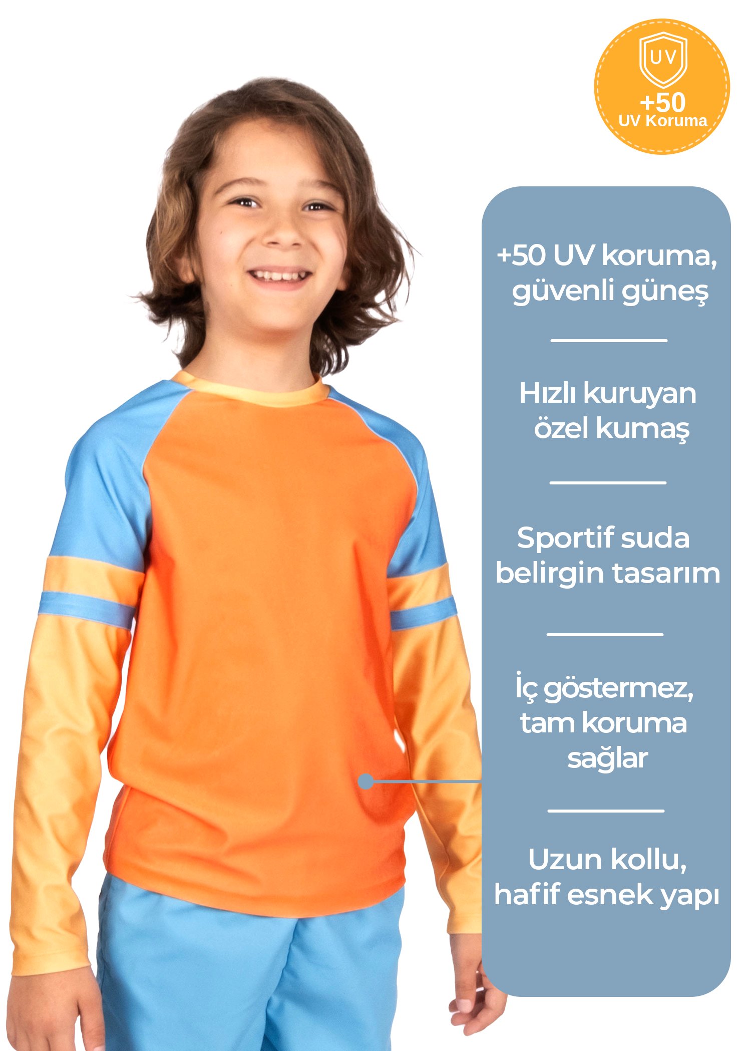 UV Korumalı Uzun Kollu Erkek Çocuk Yüzücü Üstü