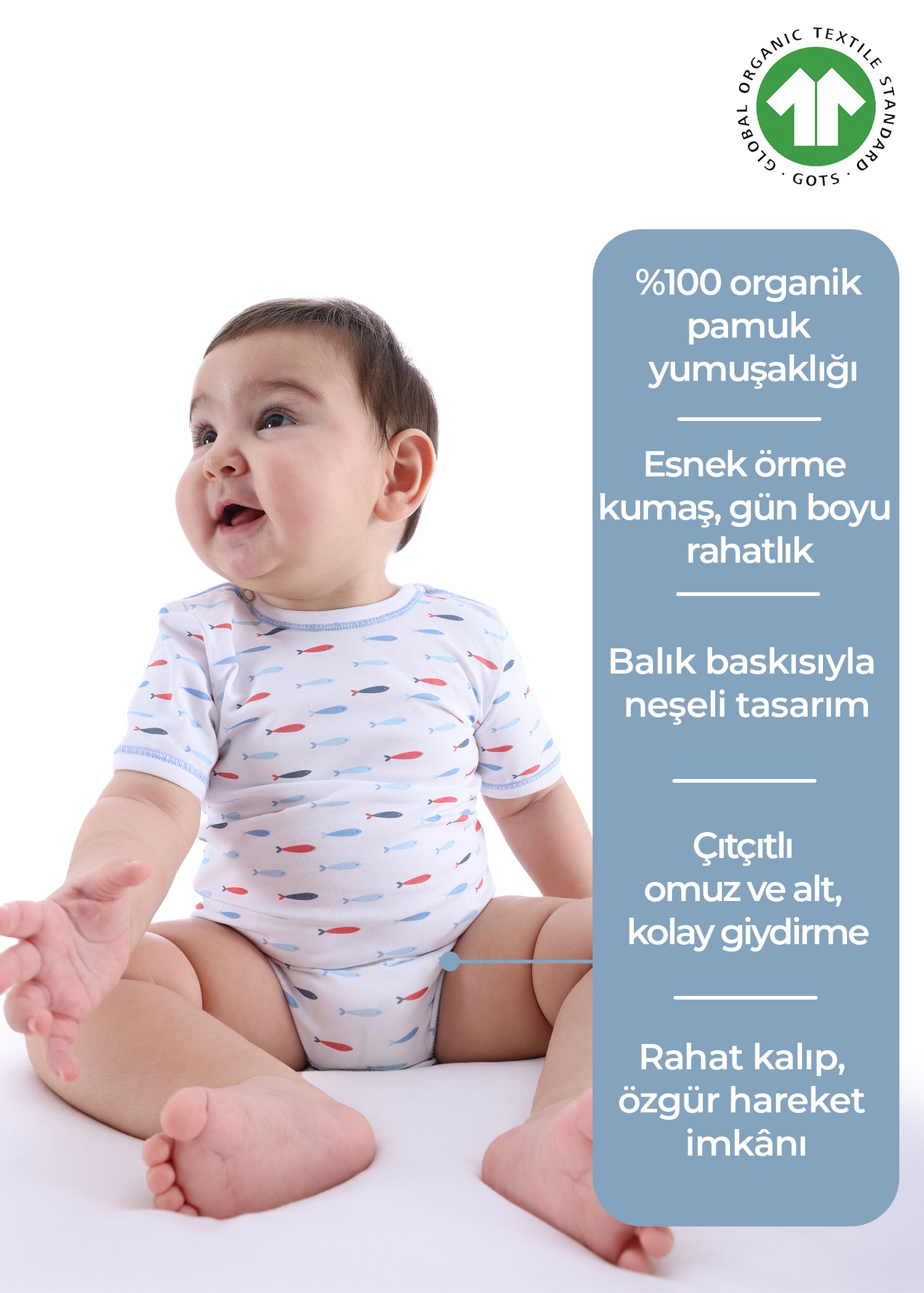 Organik Balık Desenli Kısa Kollu Erkek Bebek Body