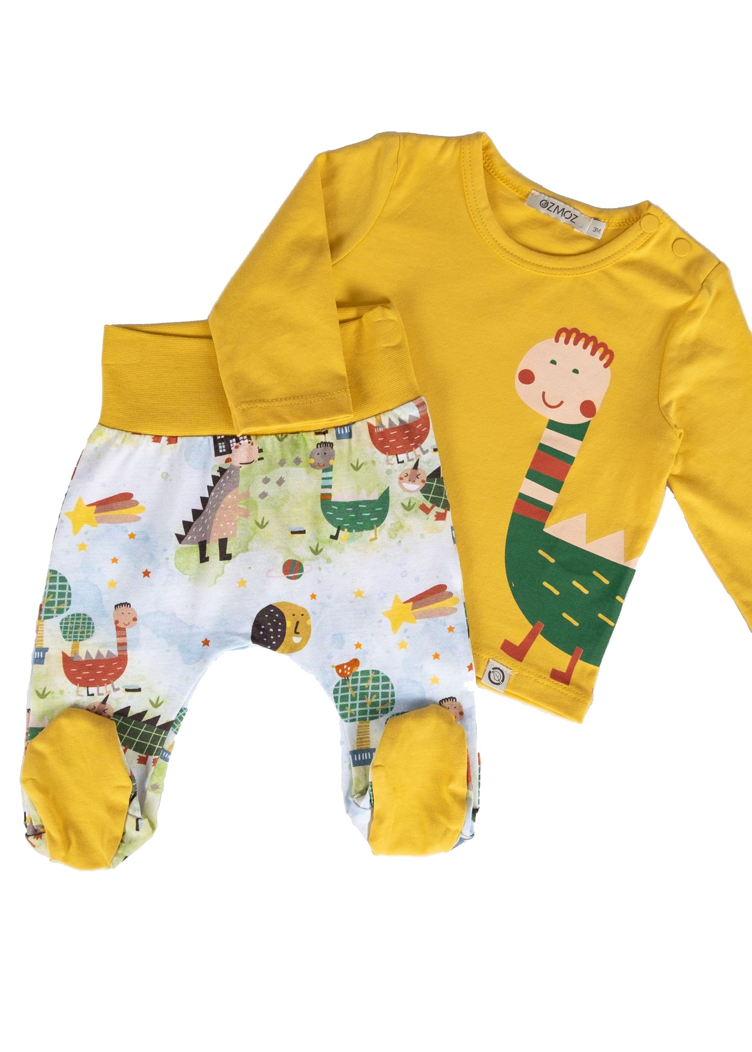 Organic Dino Printed Yellow Spring Coat Unisex Baby Set with Booties